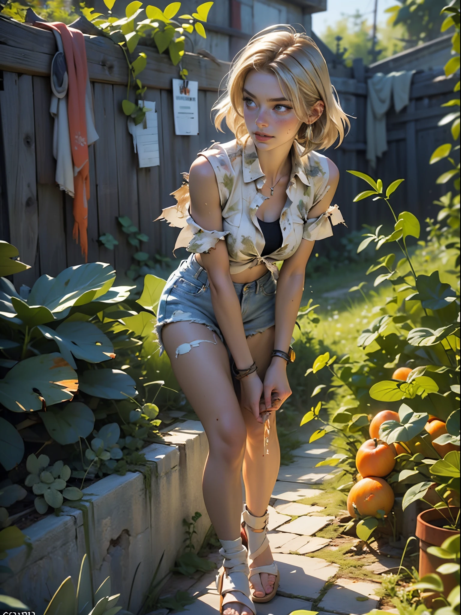 2076 year. The Urban Ruins of the Wasteland, Female huntress picking fruit in the garden, beautiful face, blonde, badly torn shirt and denim shorts , muscular legs, sweating through, sun rising, Nice warm colors, head to toe, full body shot, pretty hands, perfect fingers,