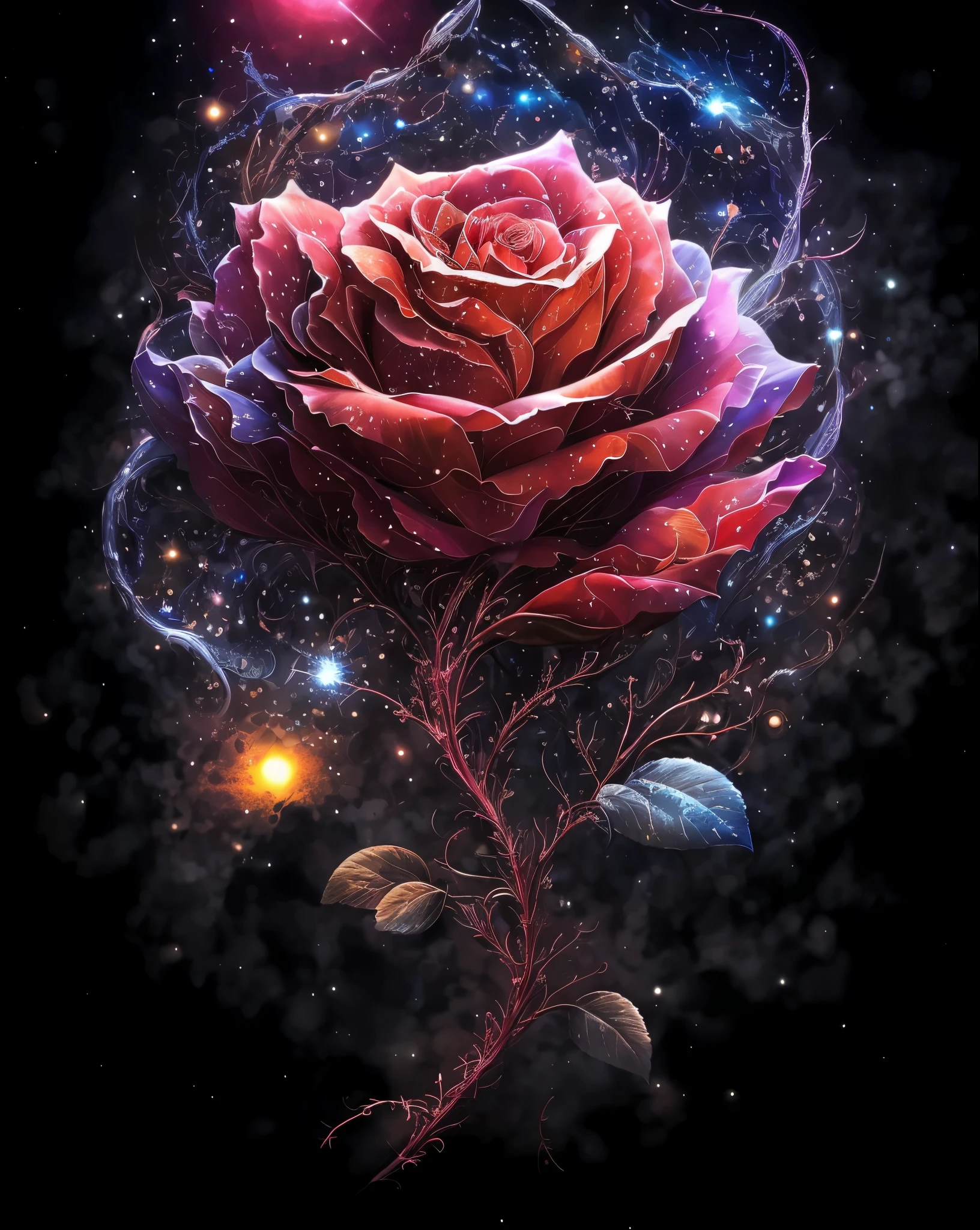 Close-up rosa em um fundo de estrela，Safflower celestial atmosphere，Rosas explodidas，magic flowers，Flowers and vines are winding，Rosas sinuosas，Pintura digital de arte Ultra HD，Rosas em enorme crescimento，High detail of magical fantasy，bela arte digital，arte digital muito bonita，Arte HD，Soft melancholic pink soft light。