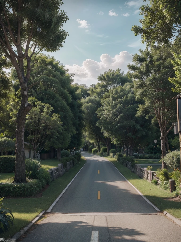 (Eco friendly town Landscape), (Medallin Style), realistic, modern townhouse, road, bend, serene lakes, small house, white cloud, landscape, outdoor, green trees, luscious green gardens flourish, serene lakes. A harmonious fusion of futuristic society integrated with nature's beauty. Rich colors create a visually captivating. High detailed and intricate. 8K Ultra HD epic composition, realistic lighting, high-definition detail, masterpiece, the best quality, (very detailed CG unified 8k wallpaper),