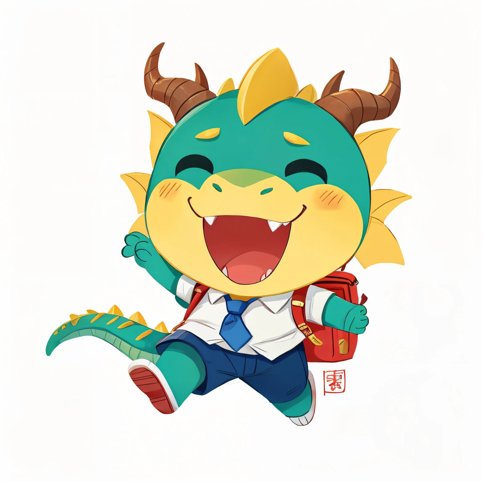 One with horns、Green dragon cartoon wearing tie and running, White school uniform blue pants，Carrying a school bag，as an anthropomorphic dragon, cute monster character design, cute little dragon, japanese mascot,Mascot illustration, Dralon, But as an anthropomorphic dragon, Dragon-shaped man, Cute big breasts:2, Anthropomorphic dragons, human and dragon fusion