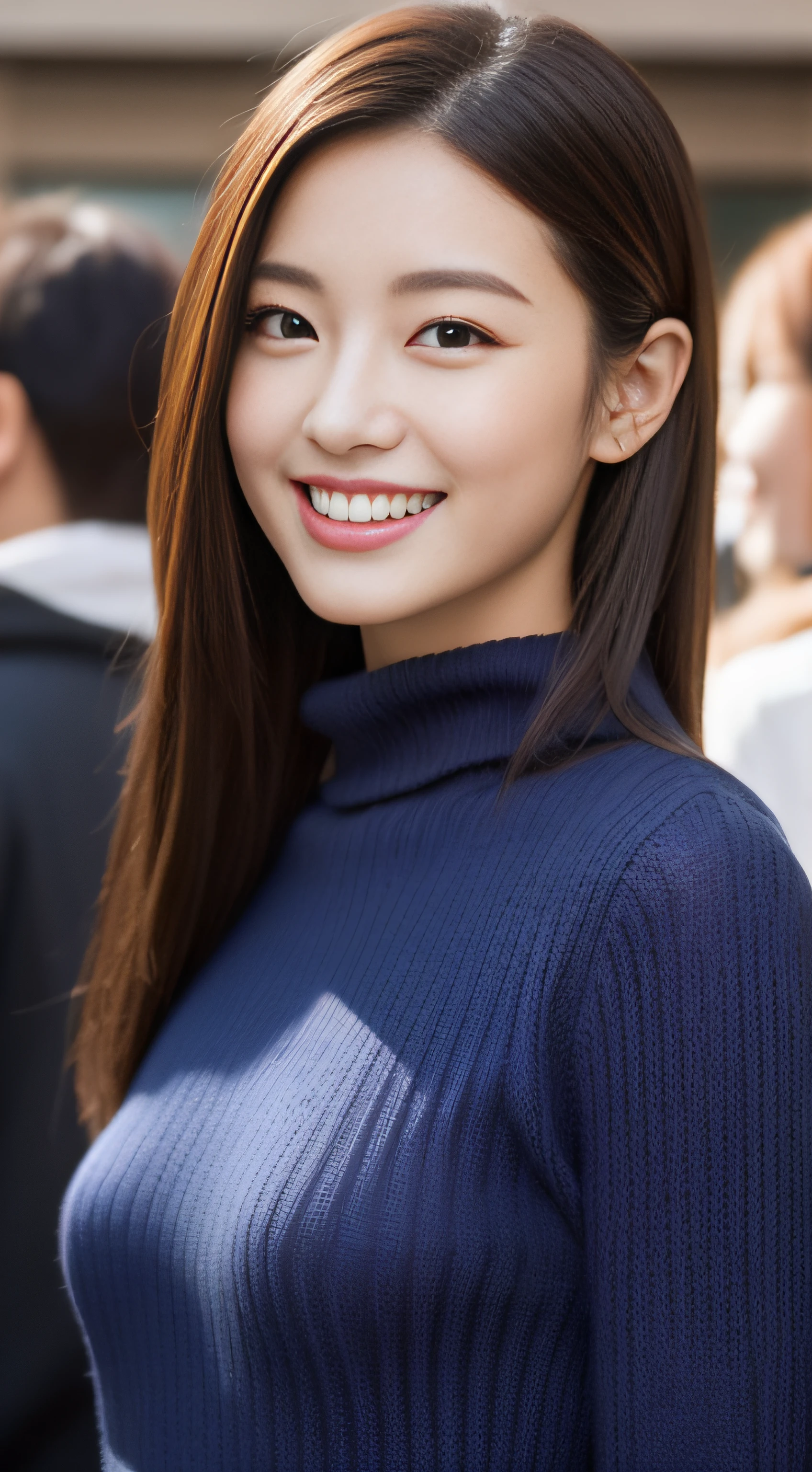 The face is a hostess、wool turtleneck sweater、hiquality、A hyper-realistic、healthy、Smiling expression、Slender perfect figure、Japan beauties、beautidful eyes、face perfect、Beautiful skin、In the crowd、The upper part of the body