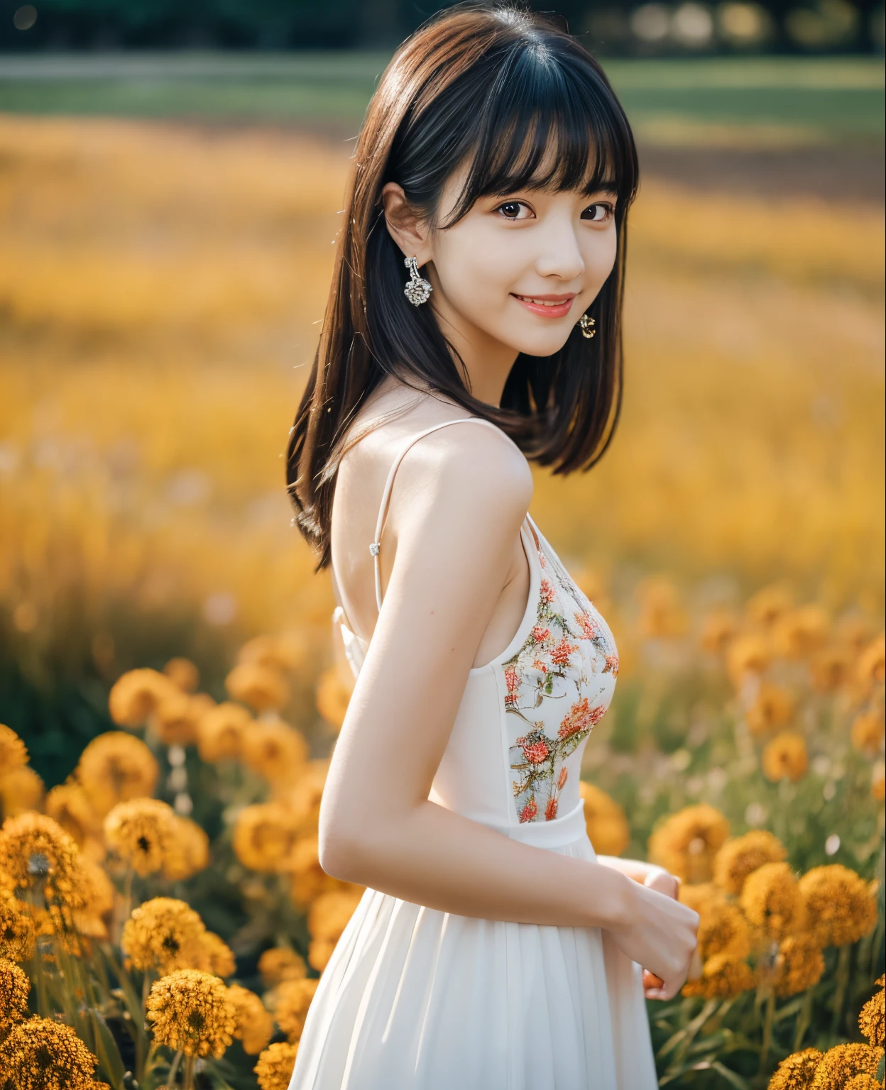 ((Masterpiece)), 8k, Masterpiece, Best Quality, One Girl, Solo, Realistic, Autumn Pavement, Photorealistic, Super Detailed, Detailed Background, (Solo: 1.4), Wearing a White Dress, Happy facial expression, slender body, highly realistic detailed shoulder length hair, intricate details, masterpiece, top quality, waist shot, ((colorful flower field background)), smiling face, body facing forward, ((Looking at camera)), earrings, black hair, asymmetrical bangs, natural breasts, full body shot,