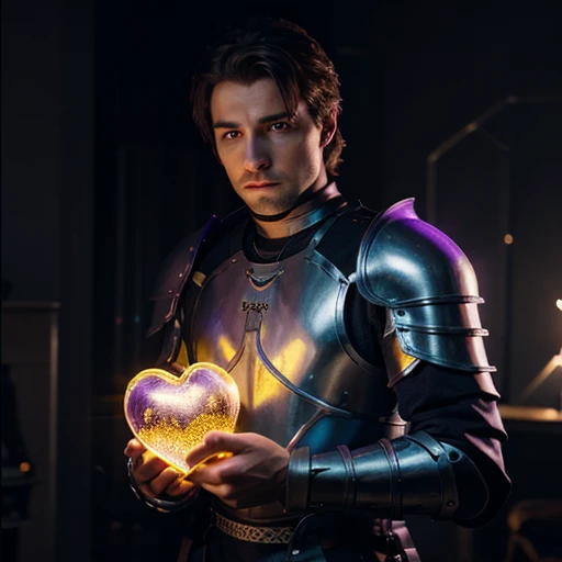 Male knight holding purple and yellow glowing heart, 8k, cinematic lighting, glowing lights in background