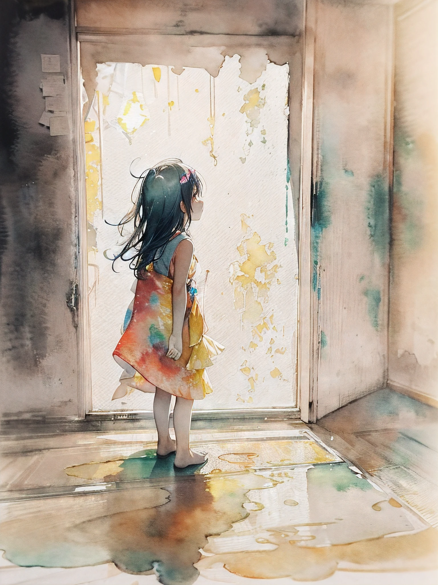 A girl who couldn&#39;t go out because it was dark came out of her room and told him. "Congratulations" with all her courage. Her first step brings a ray of light into the darkness...(Ink on Japanese paper, Bleeding easily)(Contemporary art like a picture book) (Transparent watercolor) (The light itself is realistically expressed.) (Soft layer, Rich colors) (Shade of paint thinly dissolved in water) (Deep, Delicate colors)