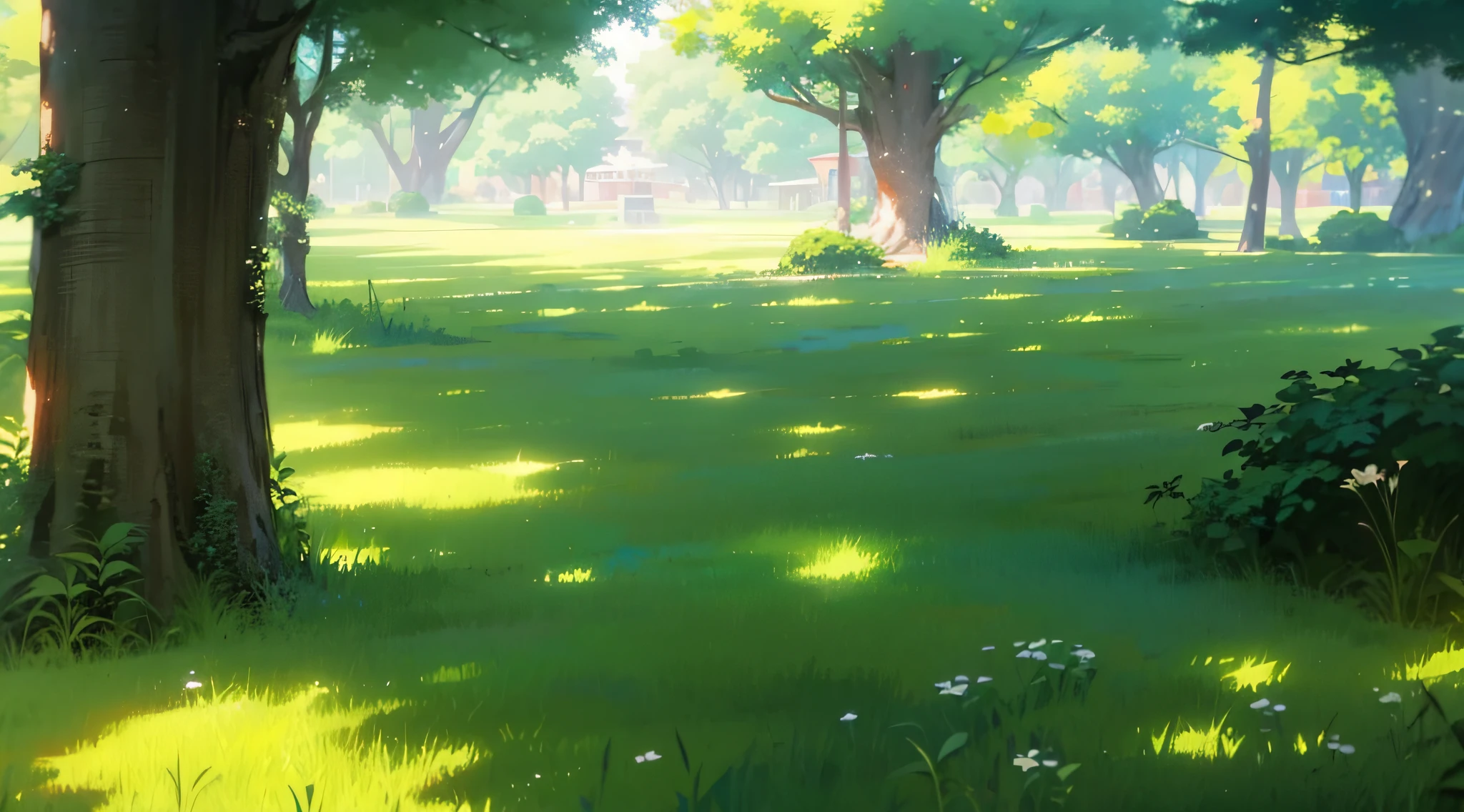 (ghibli style background illustration), trees in a courtyard, concrete floor, grass, parks and public space, stunning image, serene environment, delightful surroundings, stunning visual, day time, shady, summer, sky behind the trees