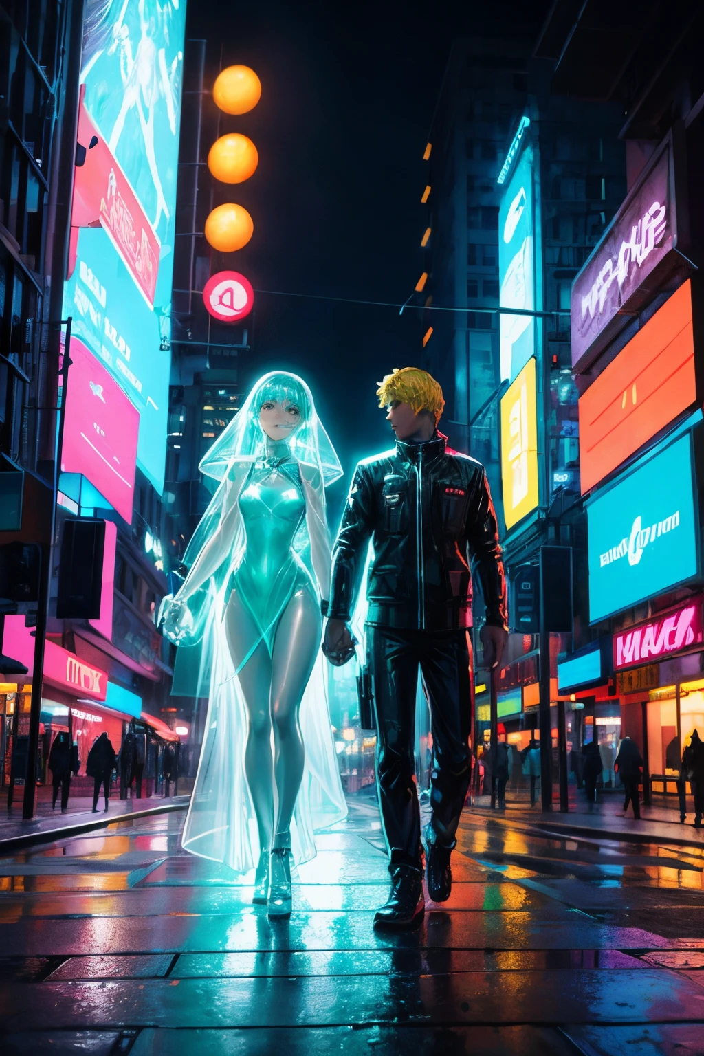 Translucent luminous woman girl figure holding her boyfriend hand walking down the street , neon city, light trials , flying cars, futuristic