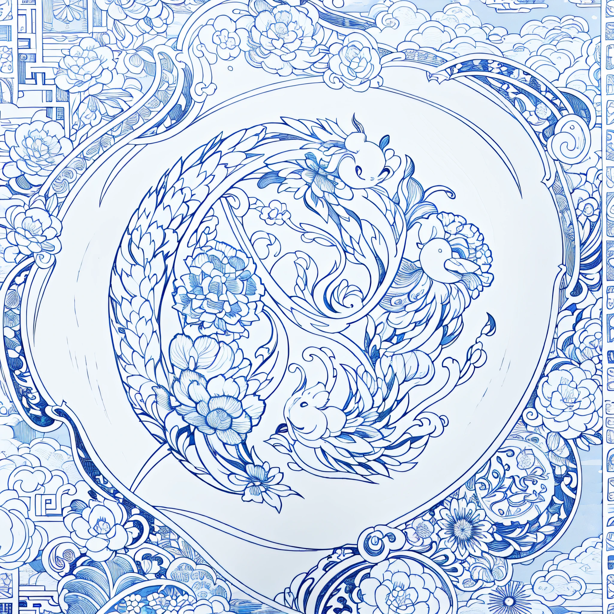 ornate motifs,Chinese motif,Traditional pattern,Blue and white porcelain traditional pattern,Combine geometric patterns with flora and fauna