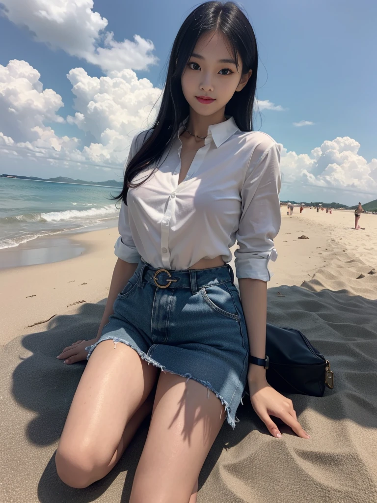 Korean girl lying on the ground，is wearing a shorts，Spread your legs