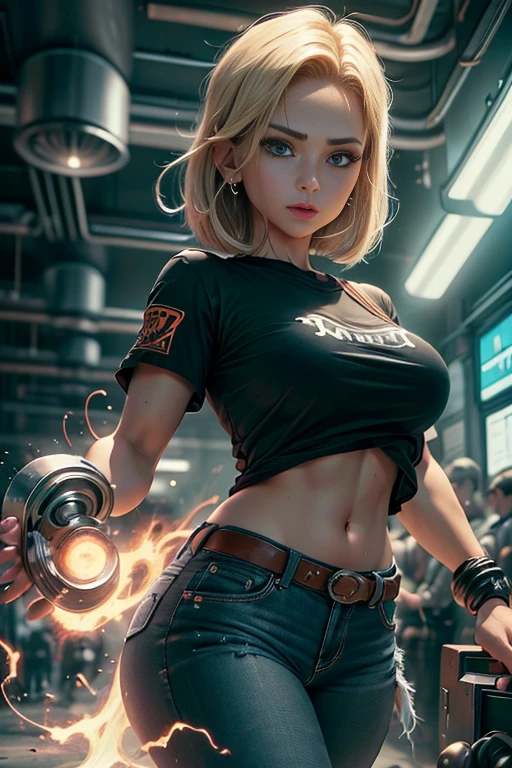 best quality, alta resolução, E18, 1girl em, Android 18, sozinho,  prosthetic arm, Leg prosthesis, blonde hair, olhos azuis, short hair, brincos, jewelries, colete jeans, colete aberto, Black pantyhose, Camisa Preta, saia jeans, mangas compridas listradas, saia azul, medium breasts, cowboy shot, rua, (Externally expanded Chest: 1.2)