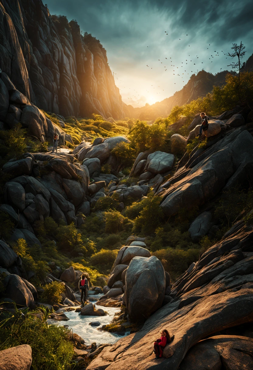 "Crie uma imagem de alta qualidade, Rich in advanced detail and with a cinematic style, that transports the viewer to an imaginary world. Explore the creation of unique creatures that inhabit this universe, integrate surreal landscapes that defy logic and evoke a sense of wonder, and establish a magical atmosphere that permeates each element of the composition. Pay meticulous attention to detail to ensure the cohesion of this universe, allowing the viewer to be immersed in a unique and fascinating visual experience."