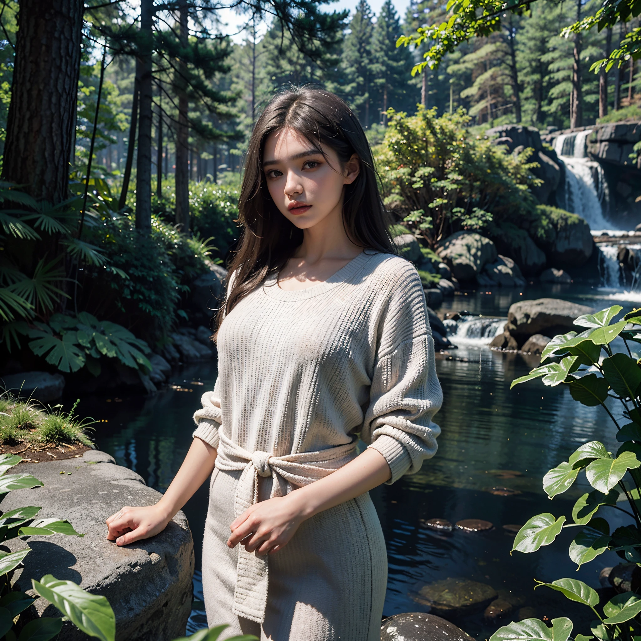 In the golden hour of dusk，Deep in the red pine forest, There is fog, ground-level view, Matte painting, Rochas, distant waterfalls,(a beauty 1:1.3)，wearing a white sweater，largeeyes，Long gray hair，Stunningly detailed, 4K, k hd, Clean, be full of details, Focus sharp, Xinhai City&#39;the rule of thirds, tomas kinkade, karol bak, Hot topics on artstation