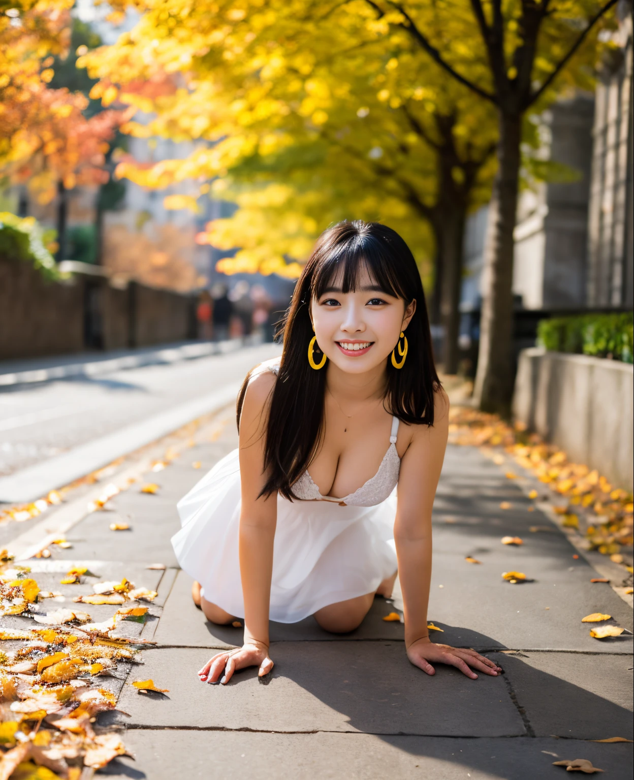 ((Masterpiece)), 8k, Masterpiece, Best Quality, One Girl, Solo, Realistic, Autumn Pavement, Photorealistic, Super Detailed, Detailed Background, (Solo: 1.4), Wearing a White Dress, Happy facial expression, slender body, very realistic, detailed shoulder-length hair, intricate detail, masterpiece, highest quality, waist shot, ((pavement background)), smiling, body facing forward, ((camera Eyes)), earrings, black hair, asymmetrical bangs, natural breasts, full body shot,