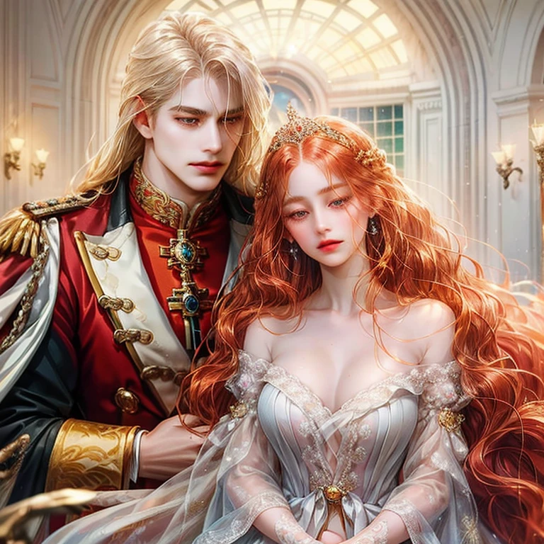 1 man with long straight red hair and golden eyes hugging 1 woman with wavy white hair and pink eyes, royalty, elegant, high quality, highly detailed, detailed face, masterpiece, standing, focus eyes, front focus