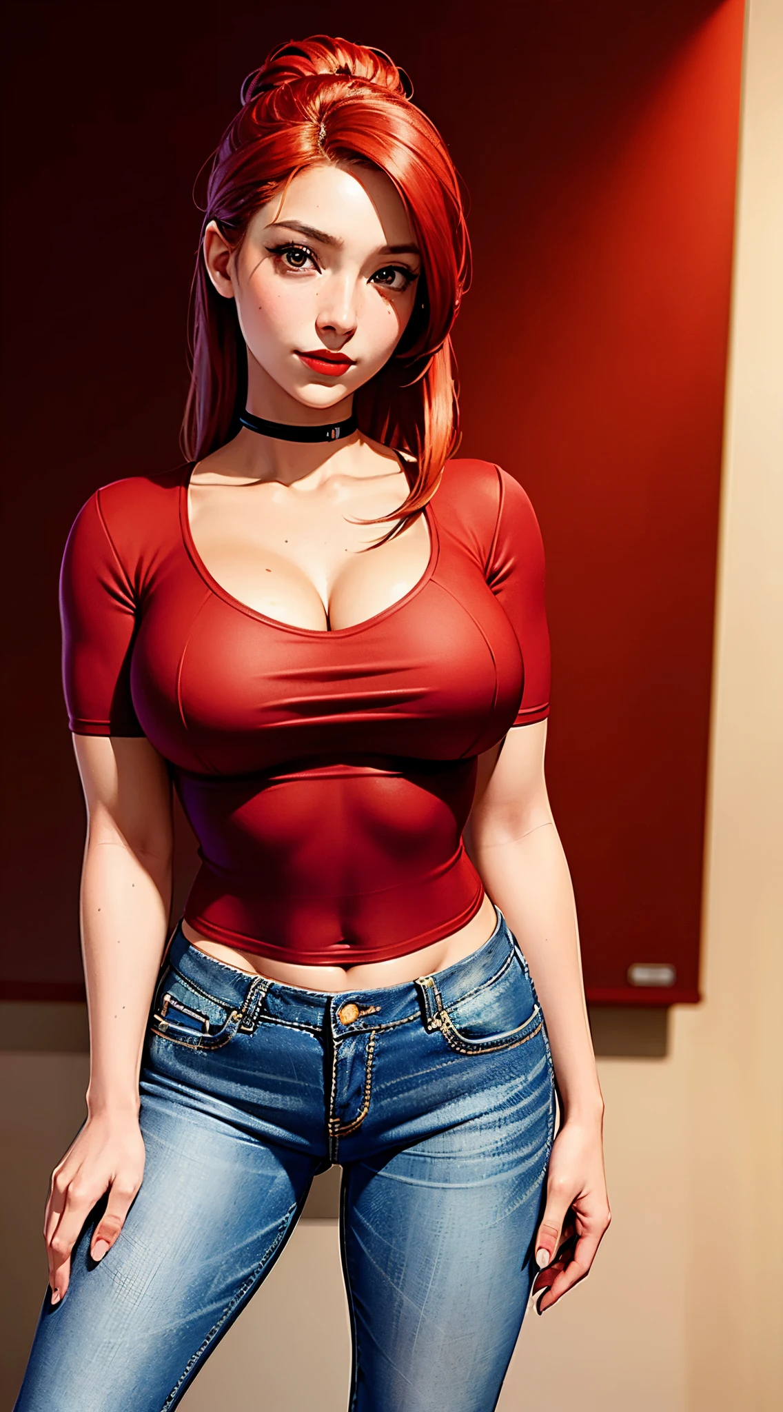 a woman in jeans and a red t-shirt with jeans jacket  posing for a picture, beautiful face, red lips, red hair, perfect body shape , beautiful alluring anime woman, extremely detailed artgerm, as seen on artgerm, style artgerm, cleavage, revealing clothes, artgerm comic, artgerm. anime illustration, like artgerm, detailed digital anime art