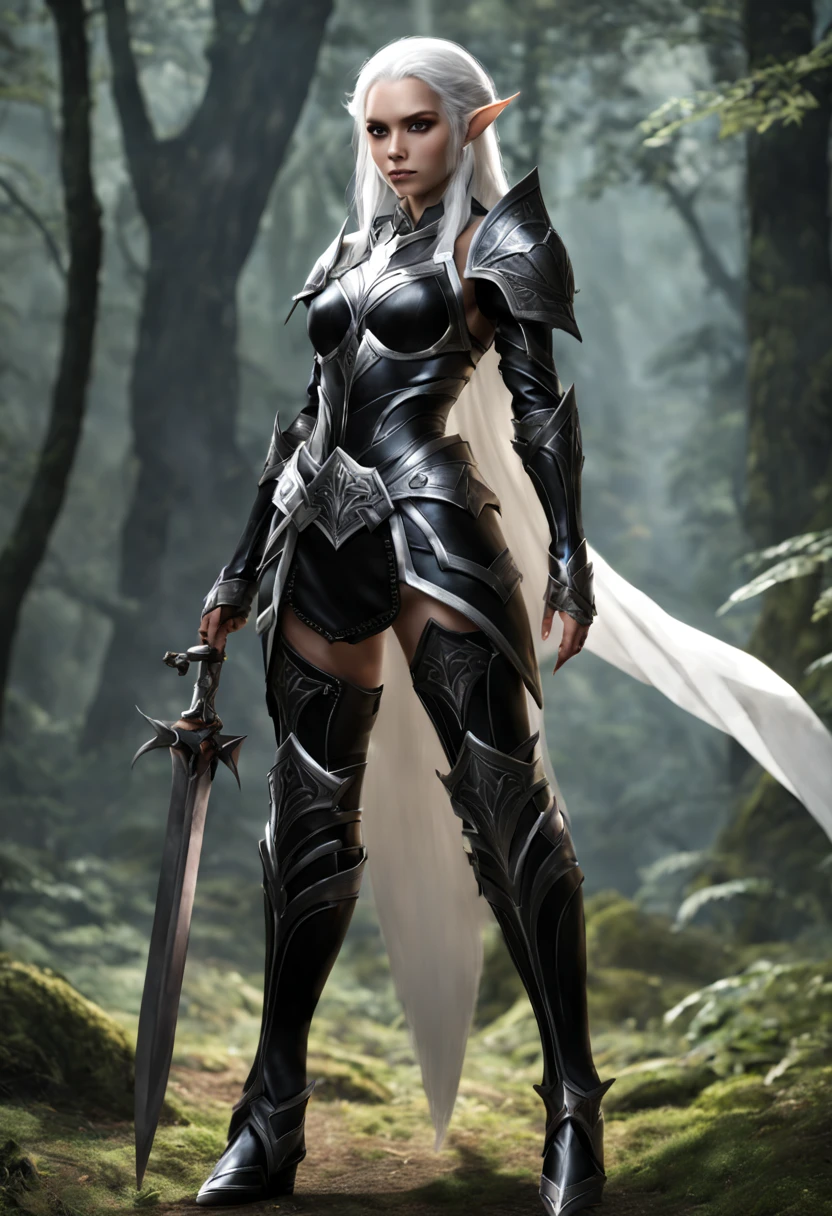 An Elf female with white hair, wearing black full armor, full body pose,