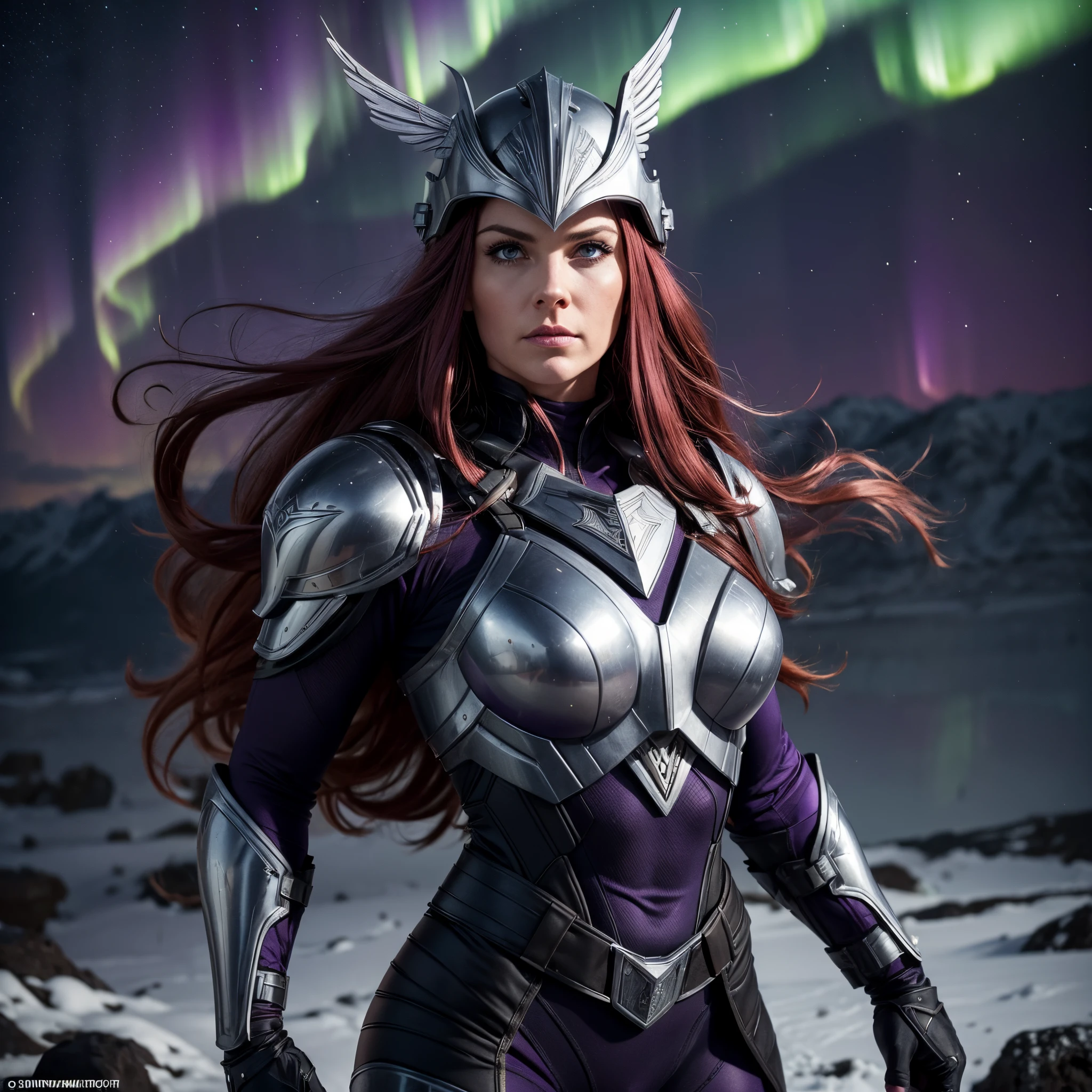 BOMBSHELL VALKYRIE, MATURE WOMAN, 30 YEARS OLD, HUGE LONG HAIR, RED HAIR, GRAY EYES, ROSY CHEEKS, VALKYRIE HELM, WINGS ON HELM, ANGRY FACE EXPRESSION, PURPLE HELM, BLACK BODYSUIT UNDER ARMOUR, FULL BODY PURPLE ARMOUR, PURPLE ARMOUR, MAJESTIC BODY POSE, SIDE VIEW, MITHOLOGY, NIGHTSKY, NORTHERN LIGHTS, CCURATE, 16K