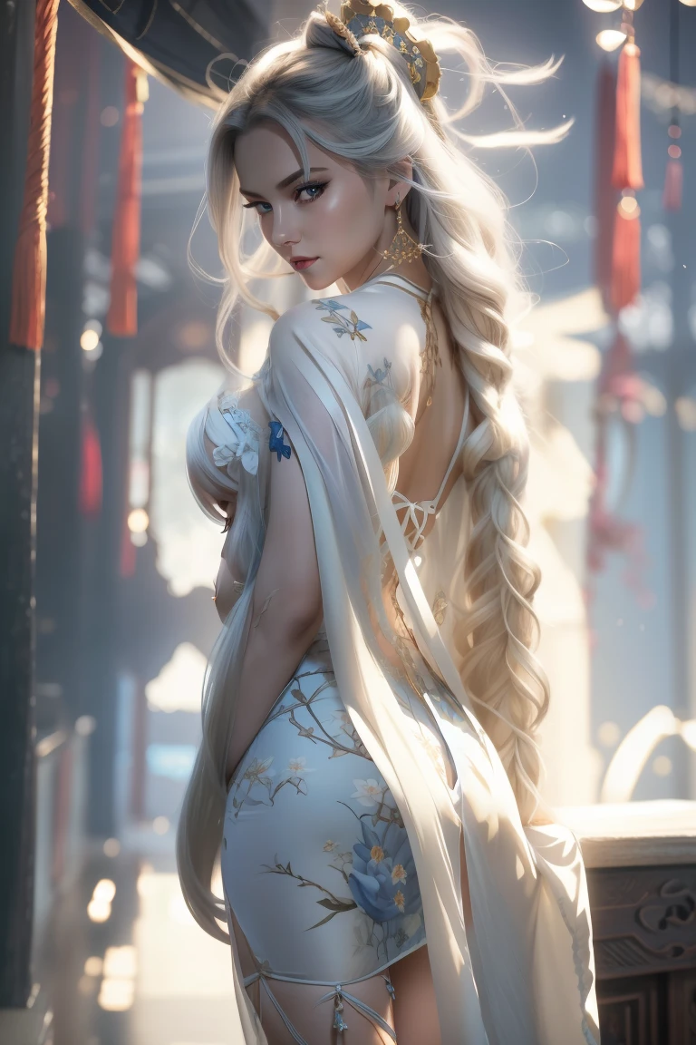 (top-quality、tmasterpiece:1.2),s girl,White color hair、Smooth skin、Beautiful mouth、Smooth legs、Busty body,Pink skinny yoga attire,Moon,Lying in the snow,Riding position,Visible on the back,Butt visible,