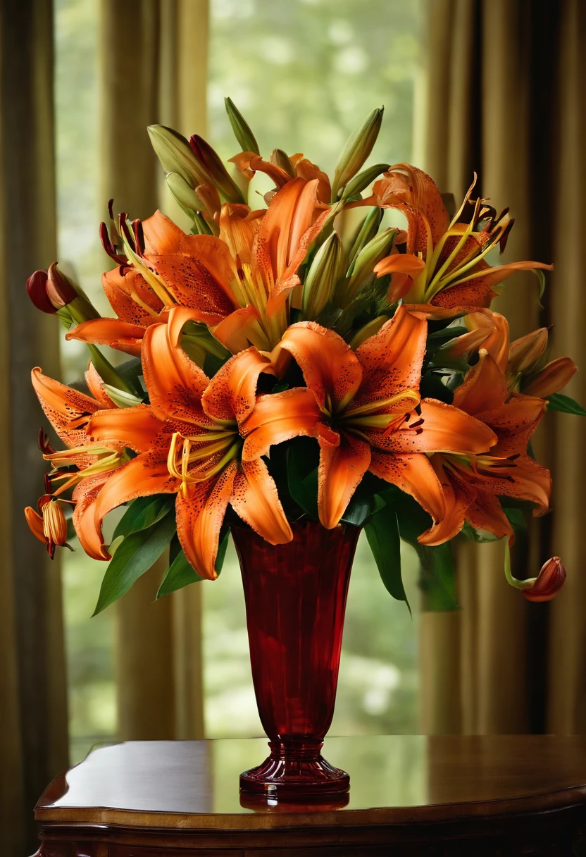 The King of Hell skillfully arranging a bouquet of vibrant orange and deep red tiger lilies in a ruby vase.,original,the devil, male