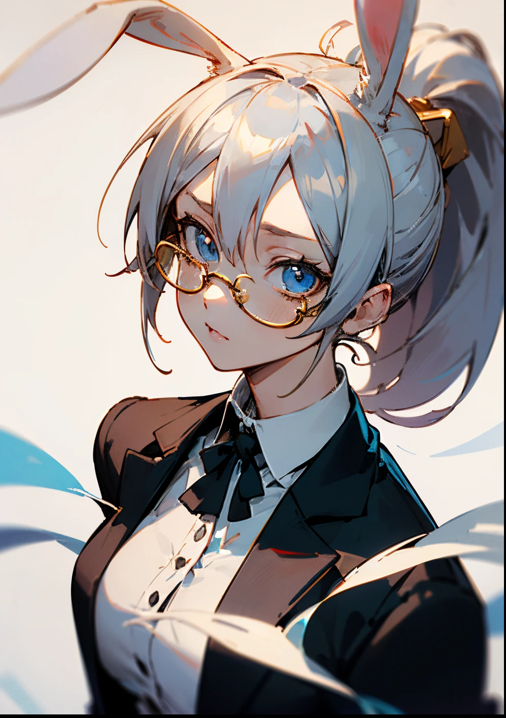 ((Best Quality)), ((masutepiece)), Perfect face,(((White rabbit ears))),(silber hair),a beauty girl,((The ponytail is tied high)),Golden glasses,Blue eyes,Black coat,D Cup Breasts,(((white shirt))),The upper part of the body,Detailed Digital Anime Art, anime moe art style,