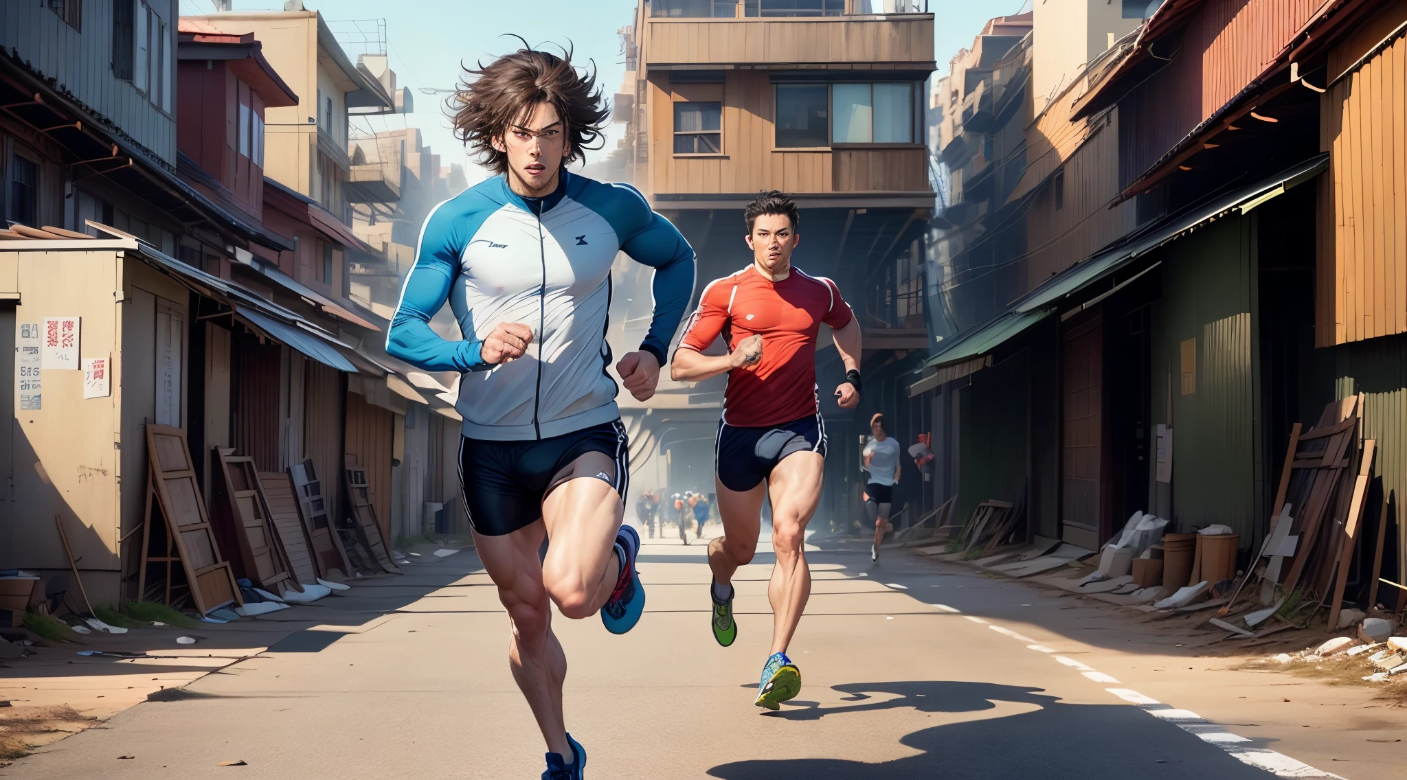 character man, His figure is healthy and athletic, His eyes focused、I'm determined, reflects his dedication to fitness. Facial expression His eyes are intense and positive, Short hair, 35 years old, Japan male, reflects his concentration, And his lips are set in a line of firm determination. Costume He wears black running gear, Running shorts, and sports shoes, His hair is disheveled from running. Action He is seen jogging along the coast of Kobe, his stance is balanced, His body moves rhythmically with each stride. Foreground (new york streets:1.33), finely detailed background,Beautiful detailed sky,Bright sunlight,(Strong sunlight:1.21), Cinematic lighting, vivd colour,Soft lighting,Best Shadow,shadow casting,