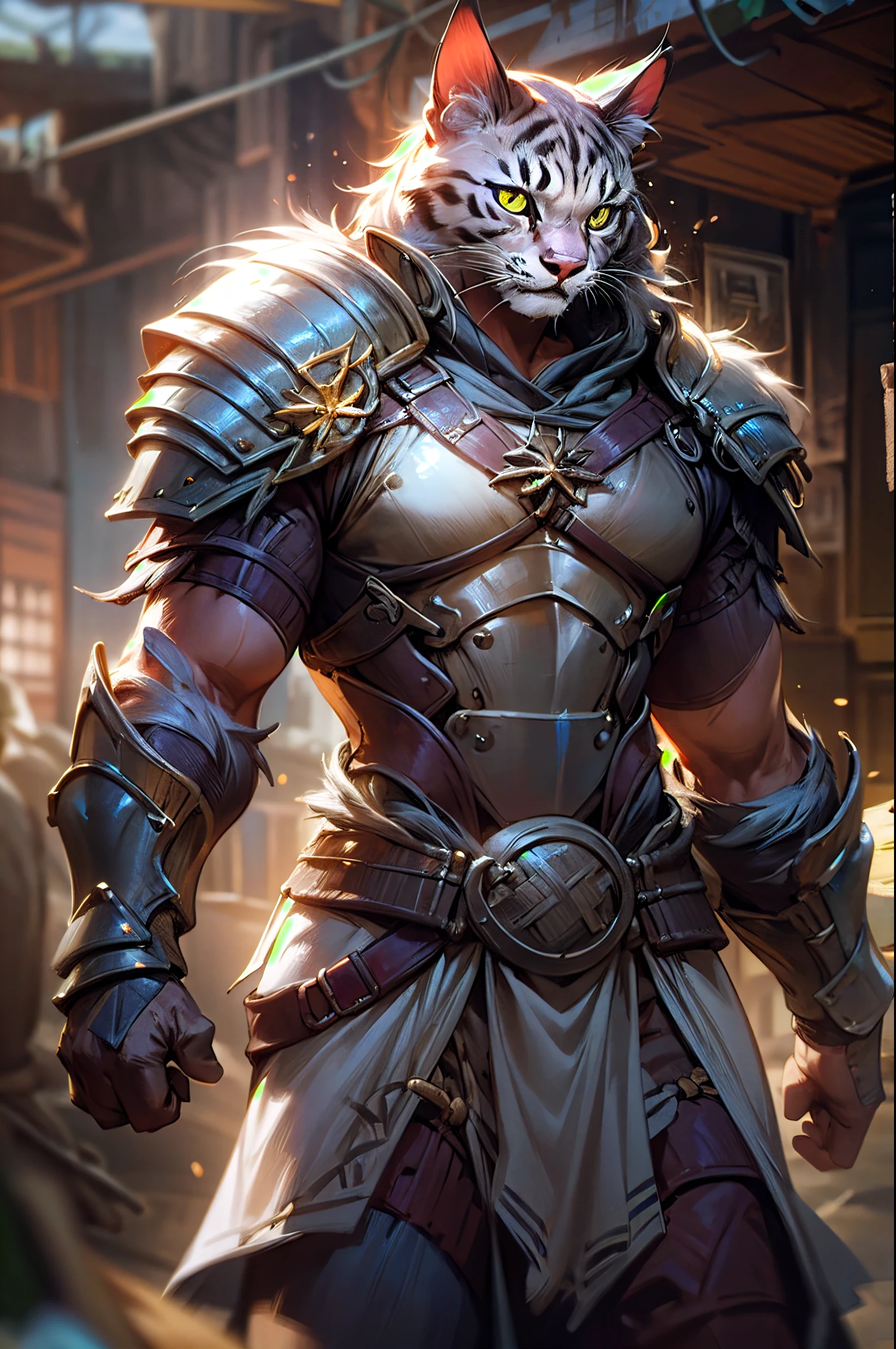 1 male cat hybrid, (feline features:0.5), (fierce look:1.2), (furry body:1.1), (in slum), cinematic lighting, (grey colored fur:1.1), muscular, (wearing tunic:1.2, loincloth and light armor), medieval environment, bokeh, raytracing, realistic textured skin, particle effects, depth of field, beautiful figure painting, bright light, amazing composition, HDR, volumetric lighting, ultra quality, elegant, highly detailed, masterpiece, best quality, high resolution, catfolk