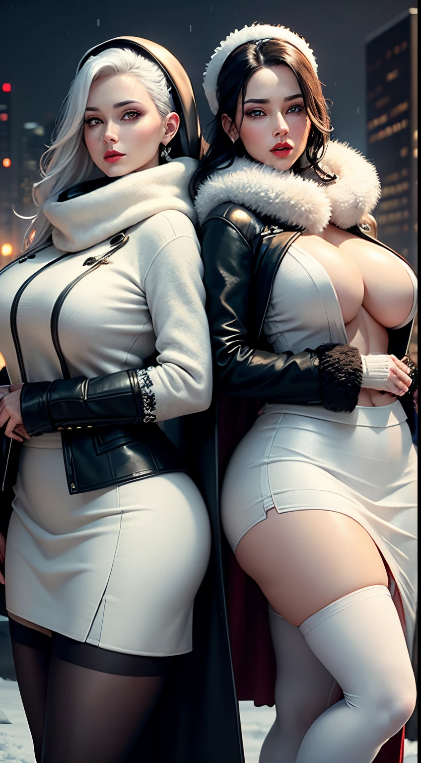 Masterpice, realistic ,high resolution, 4k, unreal engine, twins with beautiful faces,red lips, big boobs, perfect body shape, amazing eyes, white skin, White and black  hair, Stockings,wearing winter clothes including wool shirt, and long skirt with fur jacket for winter weather , Mature female,rain,Night City
