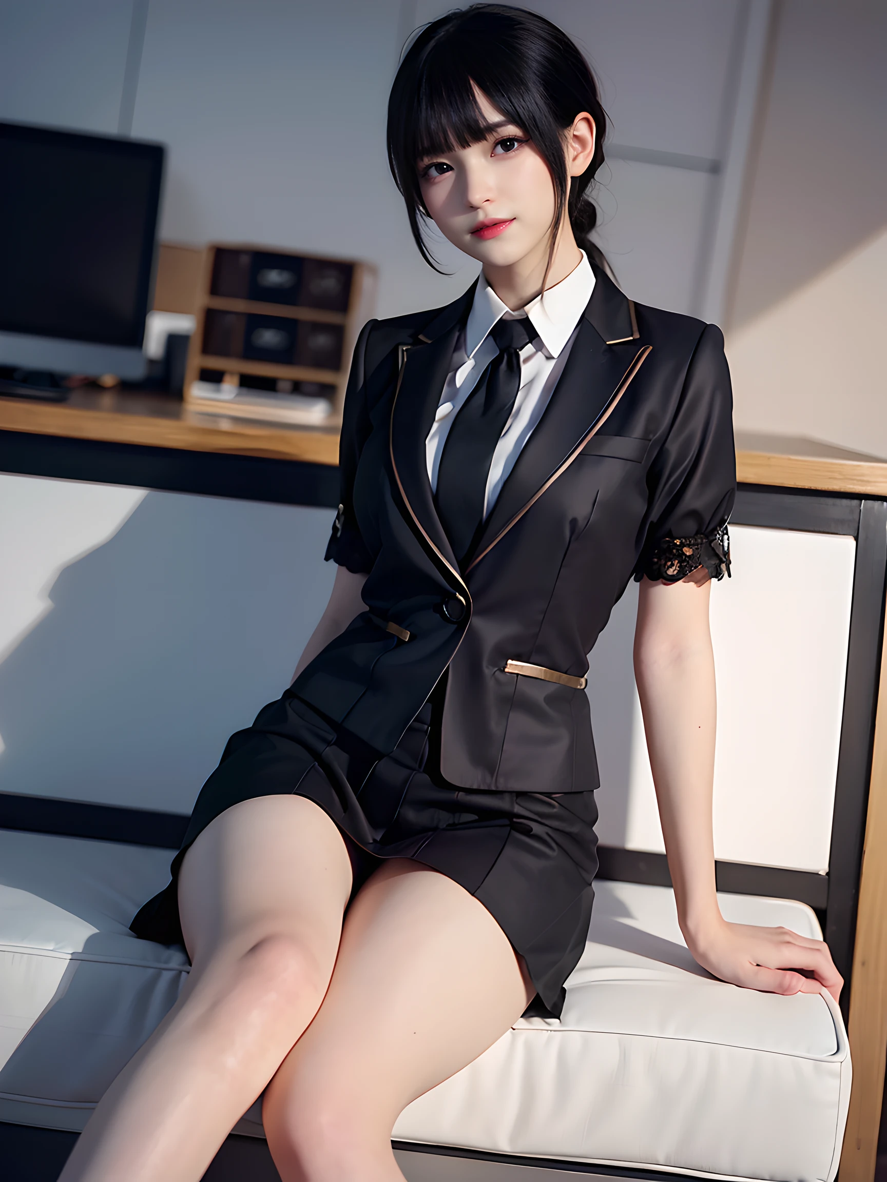 Elegant upper class elite secretary wearing business shirt, working in an office、Wearing a smart business suit, Wear pantyhose、Wear high-end high heels、 Girl in shirt, dressed in a suit, dressed in a suit, dressed in a suit, female business-person, business clothes, wearing black suits, Wear a shirt and skirt, Woman in a suit, Professional Dress, Professional Dress, RAW photos, (8K、top-quality、tmasterpiece:1.2)、(intricately details:1.4)、(真实感:1.4)、octane renderings、Complex 3D Rendering Ultra Detail, Studio soft light, Edge lights, vibrant detail, super detailing, realistic skin textures, detailface, beautidful eyes, Very detailed CG Unity 16k wallpaper, cosmetics, (detailedbackground:1.2), exposing thighs!!!,