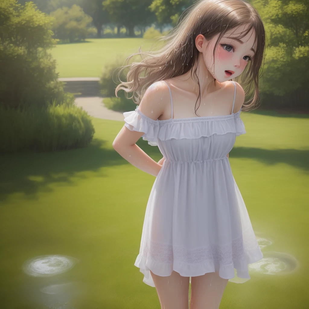 A girl on the grass in a park, her dress Is up and shows her body, she Is very , her pussy Is visibile and wet, no pubic hairs