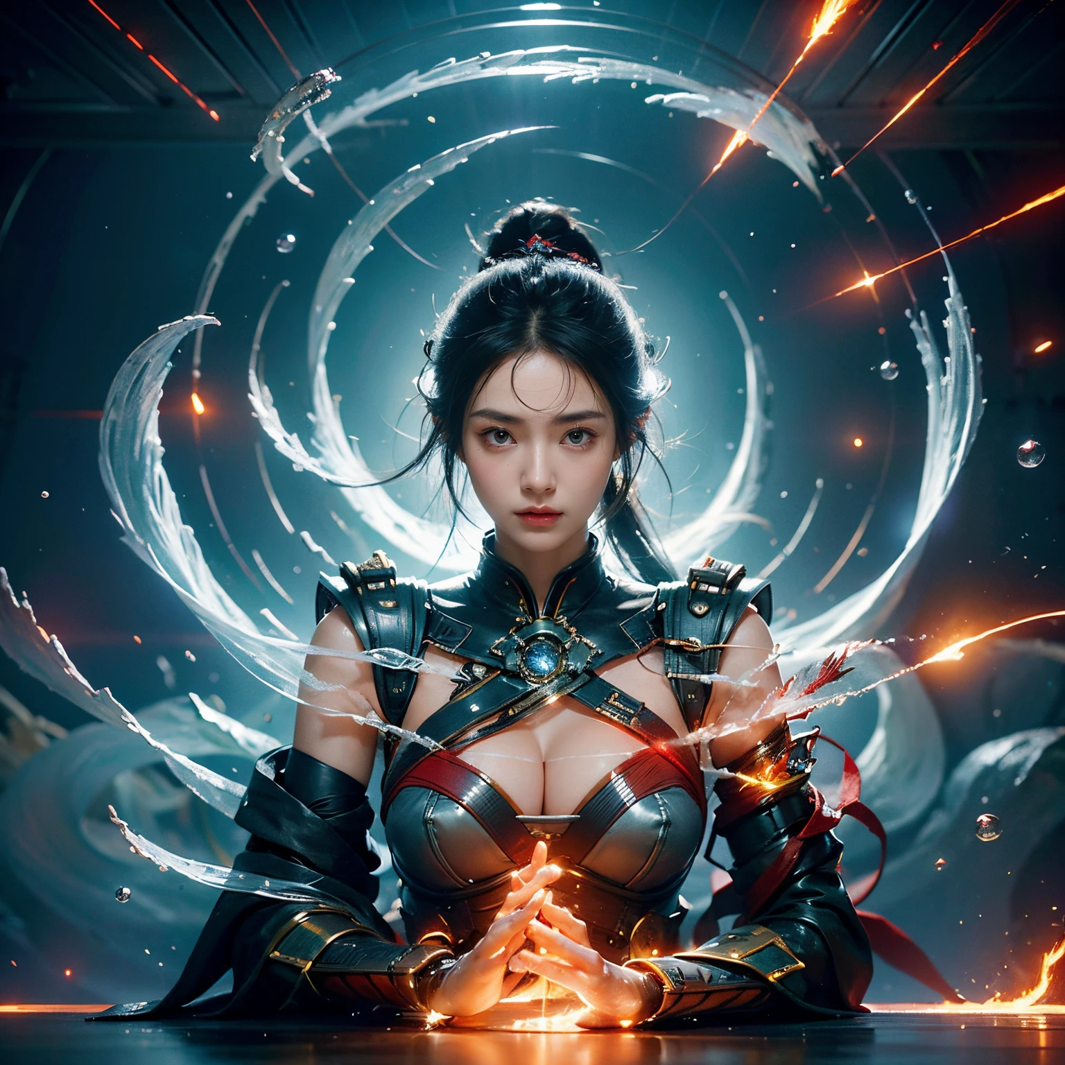 A style combining ancient times and science fiction,ChineseGirl,20yr old,researcher,Avatar close,Avatar photo,Long ponytail hairstyle,black color hair,red eyes,A plump chest,Open white coat,red pattern,Red suspender underwear,liner,scantily clad,Shoulders bare,bare abdomen,scholar clothing,joint armor,close your mouth,hands unfolded,unfolded posture,hands hidden,elegant and charming,Calm and serious,heroic look,Futuristic fantasy,ancient fantasy,Lab scenario,inside a room,Electromechanical robot,Futuristic tech style,cyber punk personage,hyper realisitc,8K