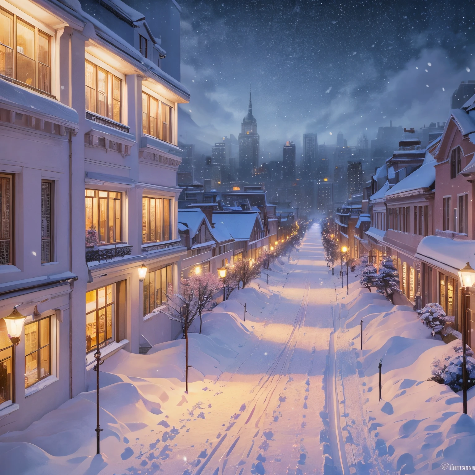 super high quality, 8k, RAW photo, realistic, detailed and delicate depiction and flashy and dynamic painting method, powder snow and peony snow are falling, snowstorm, background street lights, cityscape, (magnificent view:1.3)