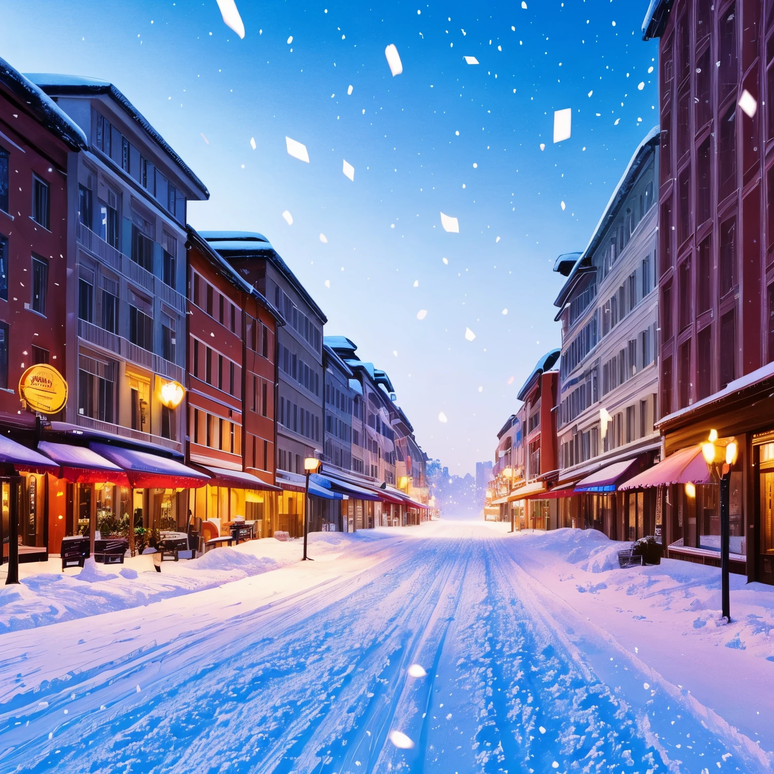 super high quality, 8k, RAW photo, realistic, detailed and delicate depiction and flashy and dynamic painting method, powder snow and peony snow are falling, snowstorm, background street lights, cityscape, (magnificent view:1.3)