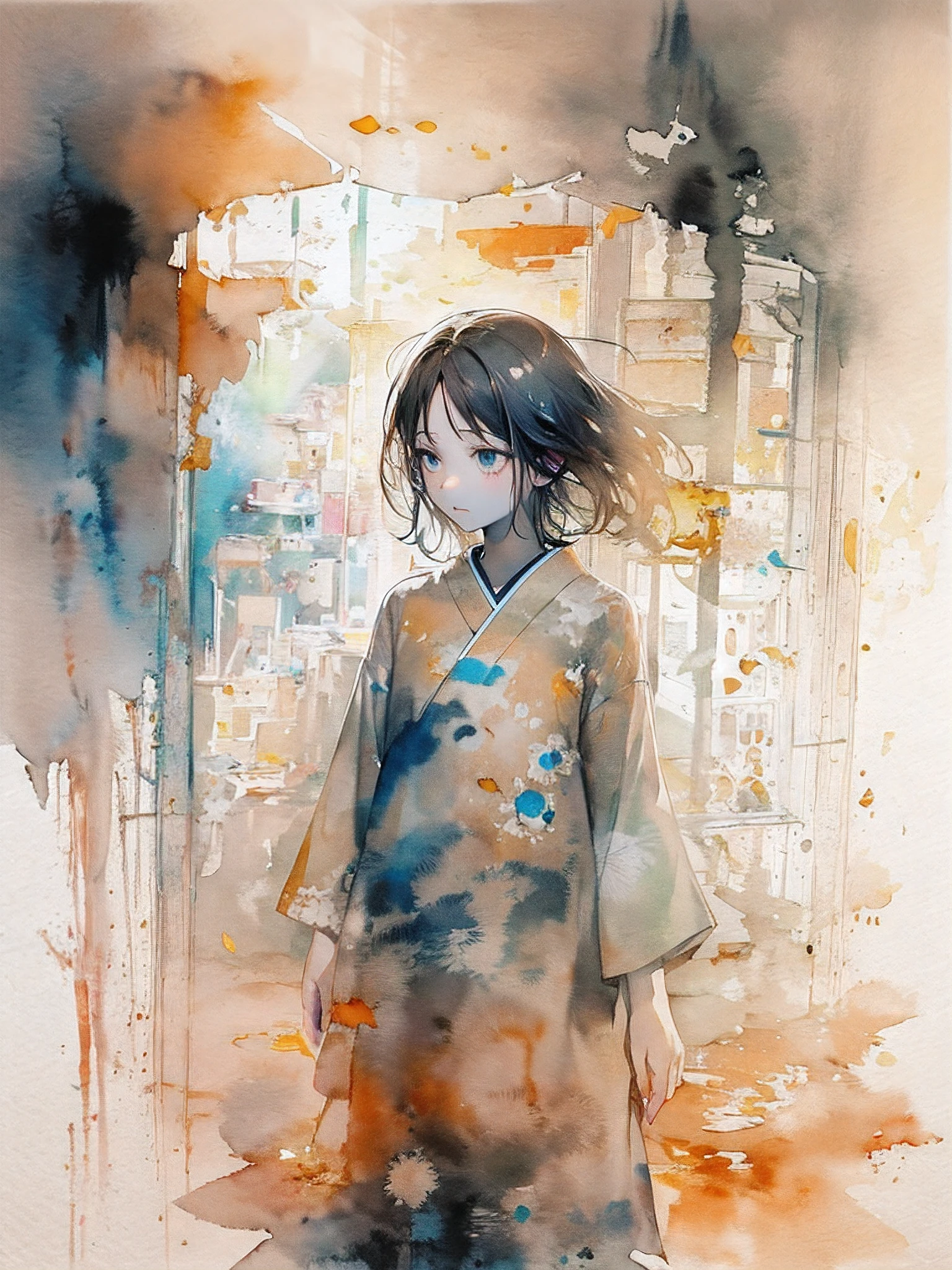A girl who couldn't go out because it was dark came out of her room and told him. "Congratulations" with all her courage. Her first step brings a ray of light into the darkness...(Ink on Japanese paper, Bleeding easily)(Contemporary art like a picture book) (Transparent watercolor) (The light itself is realistically expressed.) (Soft layer, Rich colors) (Shade of paint thinly dissolved in water) (Deep, Delicate colors)