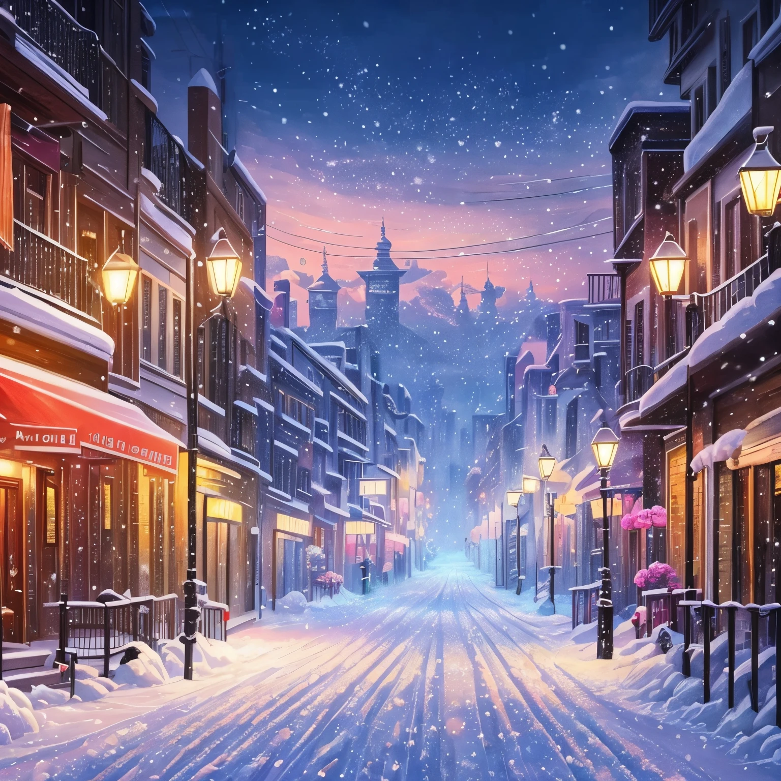 super high quality, 8k, RAW photo, realistic, detailed and delicate depiction and flashy and dynamic painting method, powder snow and peony snow are falling, snowstorm, background street lights, cityscape, (magnificent view:1.3)