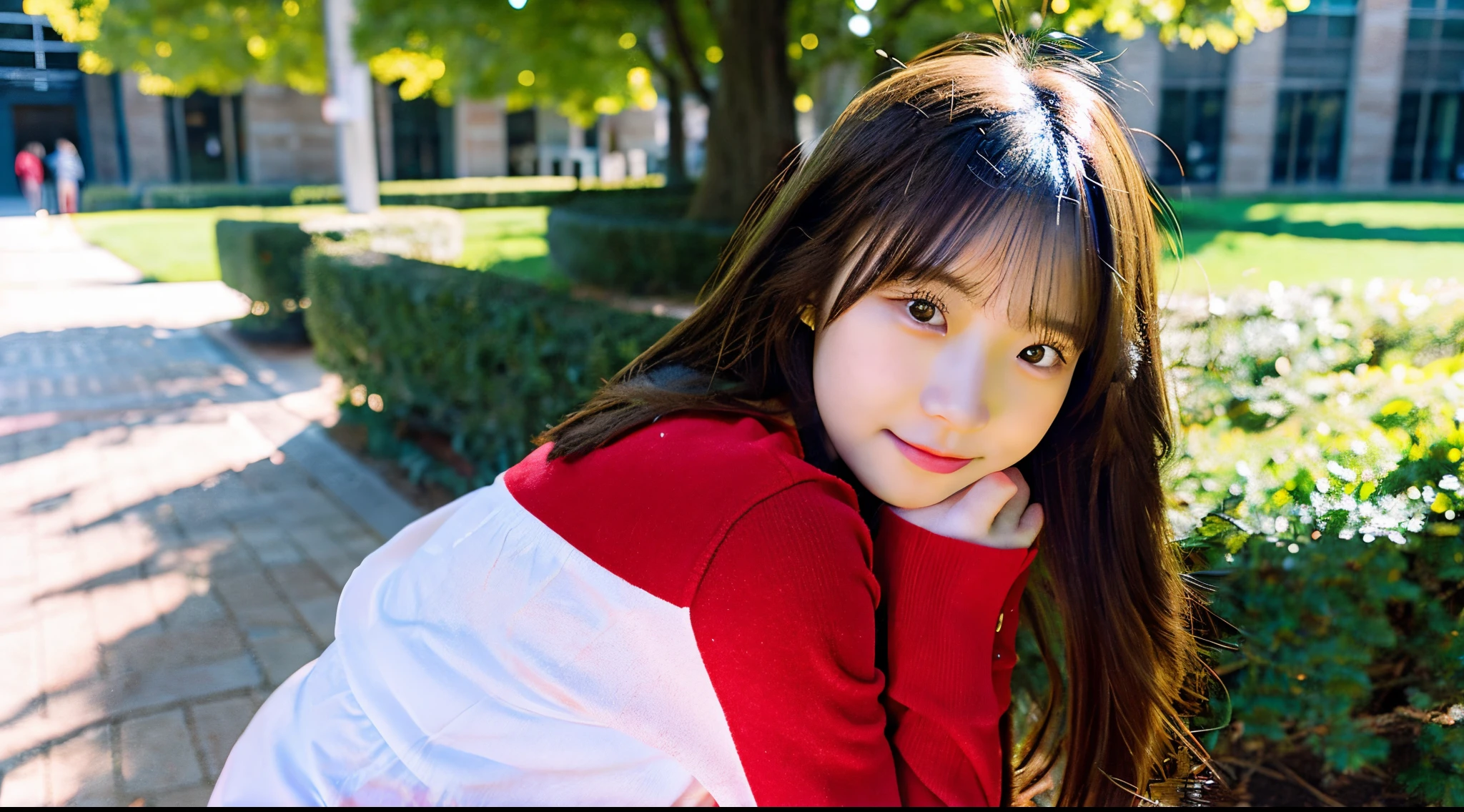 Cute female college student, 18 years old, wearing a red miniskirt