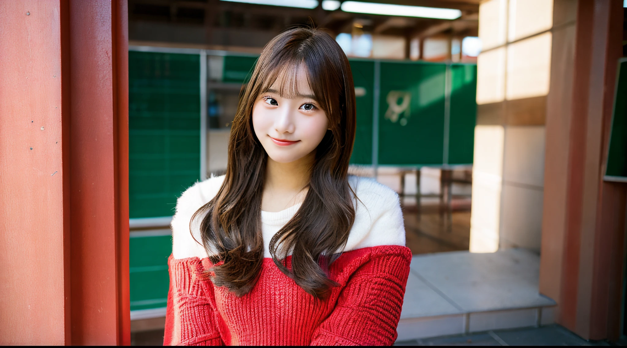 Cute female college student, 18 years old, wearing a red miniskirt