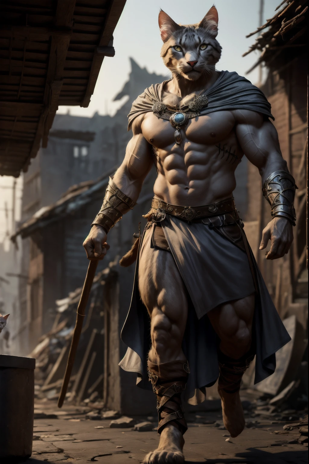 1 male cat hybrid, (feline features:0.5), (fierce look:1.2), (furry body:1.1), (in slum), cinematic lighting, (grey colored fur:1.1), muscular, (wearing tunic:1.2, loincloth and light armor), medieval environment, bokeh, raytracing, realistic textured skin, particle effects, depth of field, beautiful figure painting, bright light, amazing composition, HDR, volumetric lighting, ultra quality, elegant, highly detailed, masterpiece, best quality, high resolution, catfolk