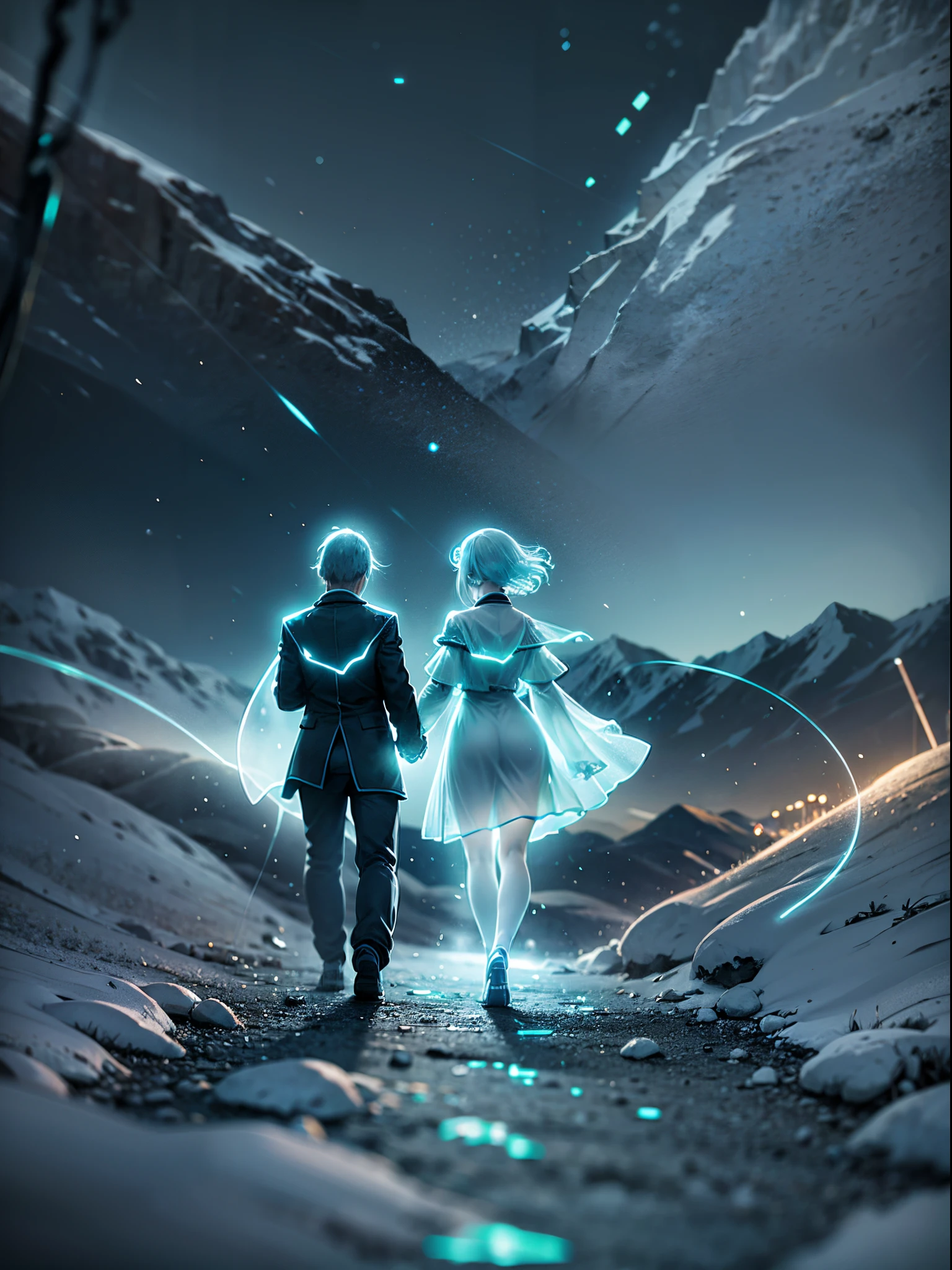 Translucent luminous girl ghost figure holding her boyfriend hand walking in the mountains, light trials , valley , nightscape --auto --s2