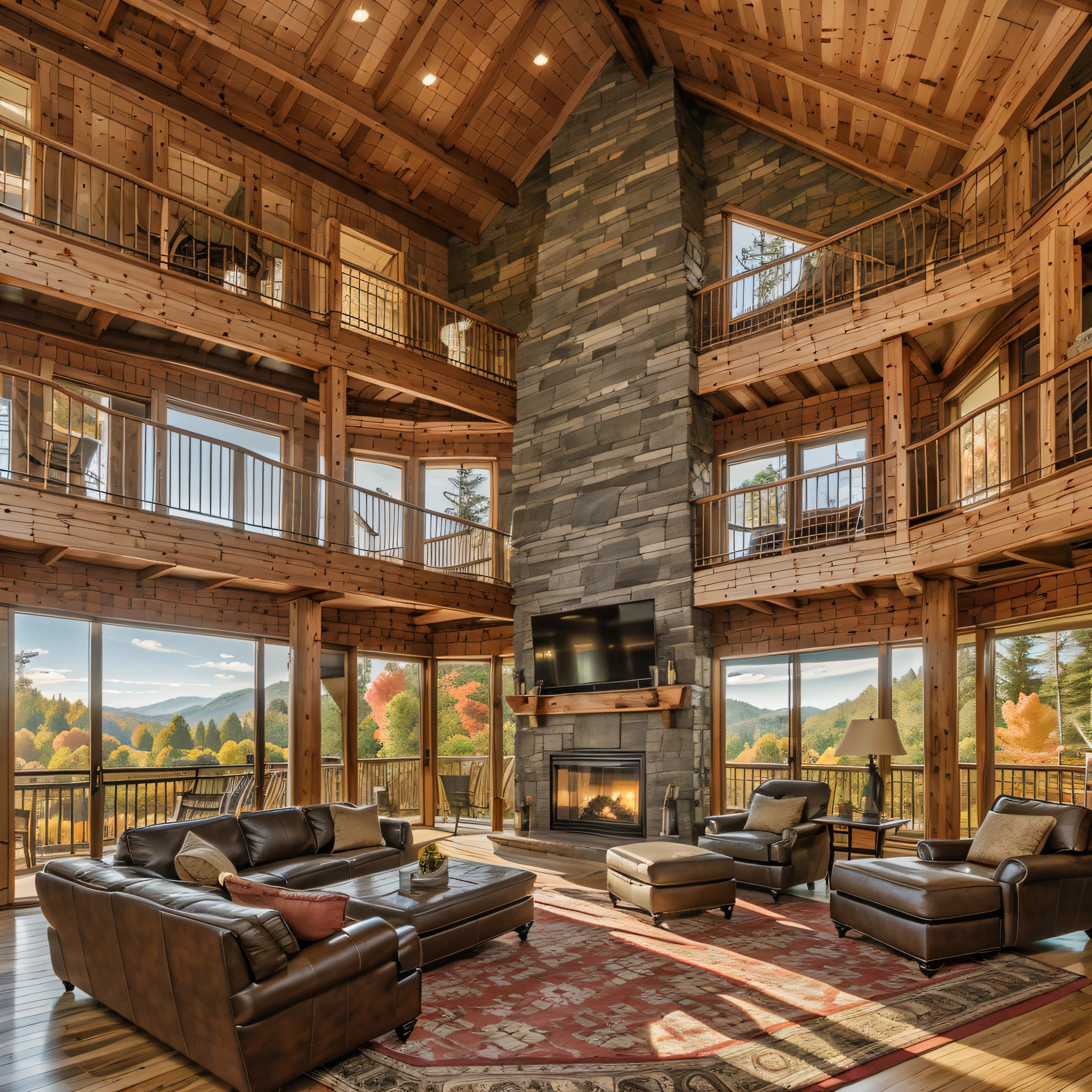 Beautiful living room in a log cabin with a mountainous view out a large window with a large tv and roaring fire. Have it be in the fall with colorful leaves