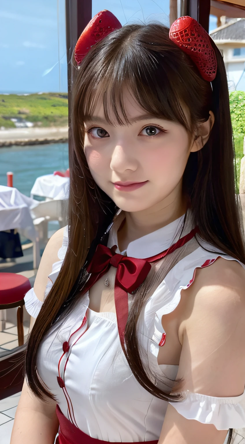 promo photo, The location is a restaurant by the sea..，1 girl, 16-year-old face, waitresses, Red-headed twin-tailed, Gentle face, Gothic Lolita half costume and maid costume and strawberry image, Clothes based on white,