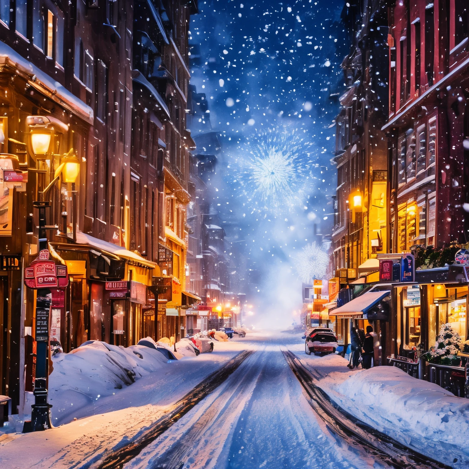 super high quality, 8k, RAW photo, realistic, detailed and delicate depiction and flashy and dynamic painting method, powder snow and peony snow are falling, snowstorm, background street lights, cityscape, (magnificent view:1.3)