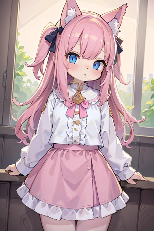 masterpiece, Top quality, Ultra high definition, Maximum resolution, Very detailed,cute girl, cat ears, soft pink hair, soft face, cute skirt, stand up, blue eyes, bowing to viewer,