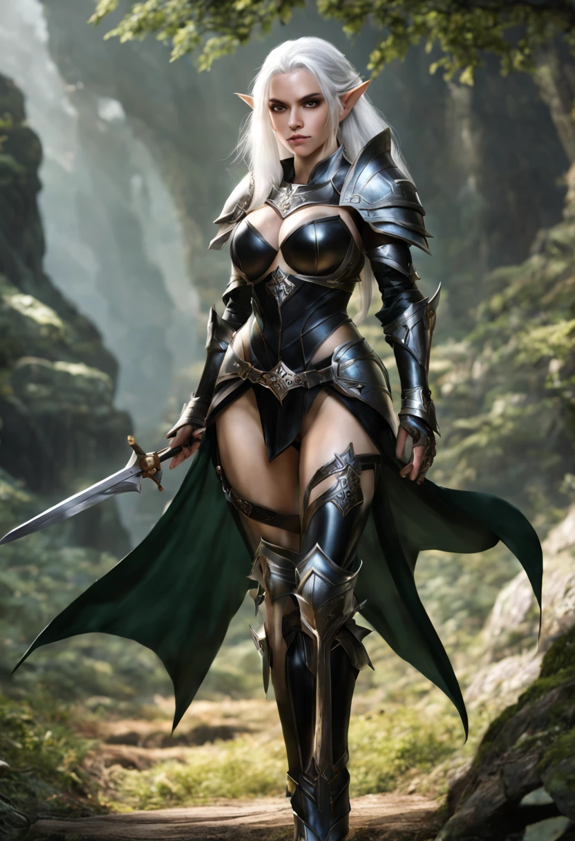 An Elf female with white hair, wearing black full armor, large breasts, full body pose,