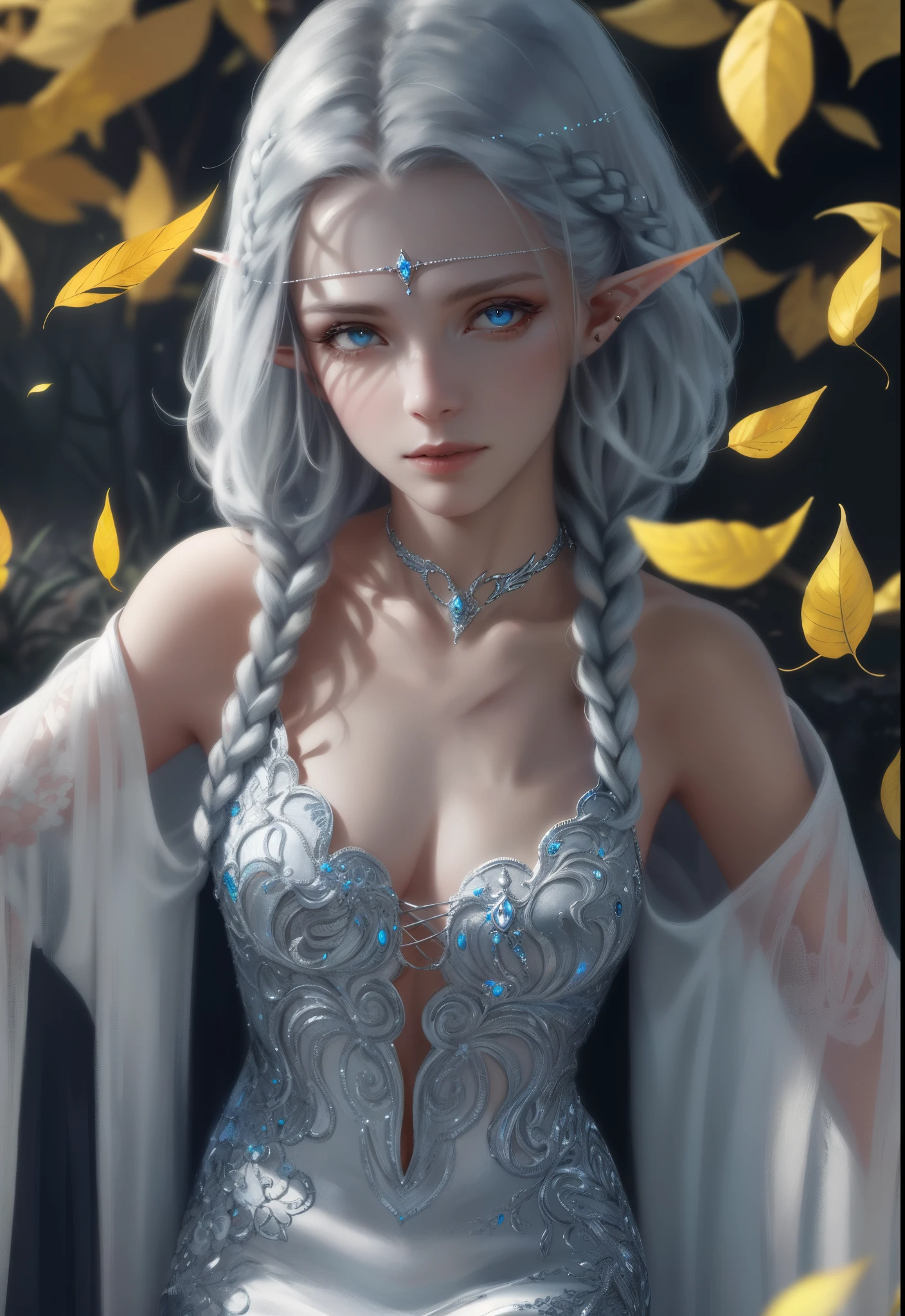 (detailed face, detailed eyes, clear skin, clear eyes), (photorealistic:1.35), (lotr, fantasy, elf, female), full body, (beautiful long white hair), small braids down sides of head, (elegant pale blue elven dress, embroidered details), (silver leaf circlet), (jewelry), ethereal, looking at viewer, portrait, photography, detailed skin, realistic, 8k, highly detailed, full length frame, High detail RAW color art, piercing, (diffused soft lighting), shallow depth of field, ((sharp focus)), (hyperrealism), (subsurface scattering), detailed skin texture, cinematic lighting, award winning, good anatomy, good proportions, good compositions, masterwork, masterpiece, (stunning, gorgeous, breathtaking), medium breasts, falling leaves,