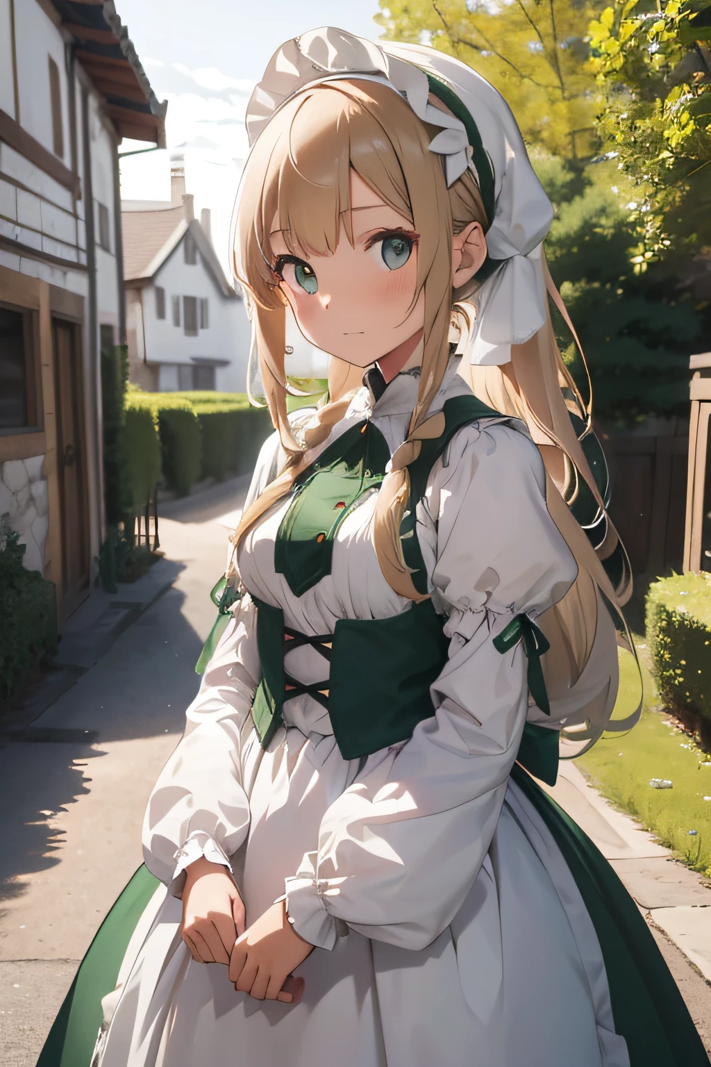 commoner, village, medieval, green trimmed dress, long sleeves, long hair, puffy clothes, young girl, medium breasts, white apron, white headdress, long dress, capelet, white headwear, ribbon-trimmed sleeves, slim, modest, ponytail,