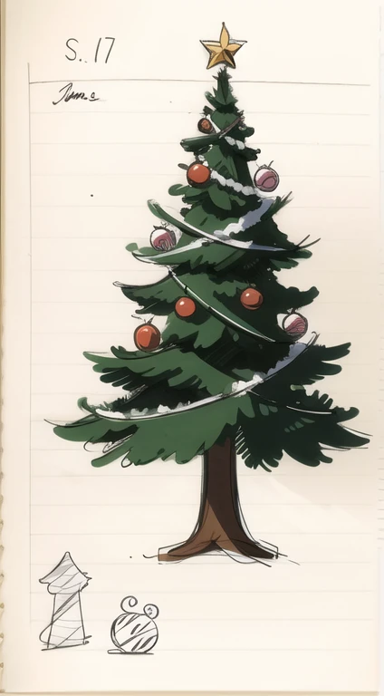 (Sketch) (Manga style) Christmas tree, ((doodles)), simple background