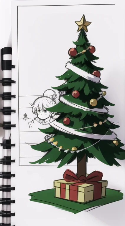 (Sketch) (Manga style) Christmas tree, ((doodles)), simple background