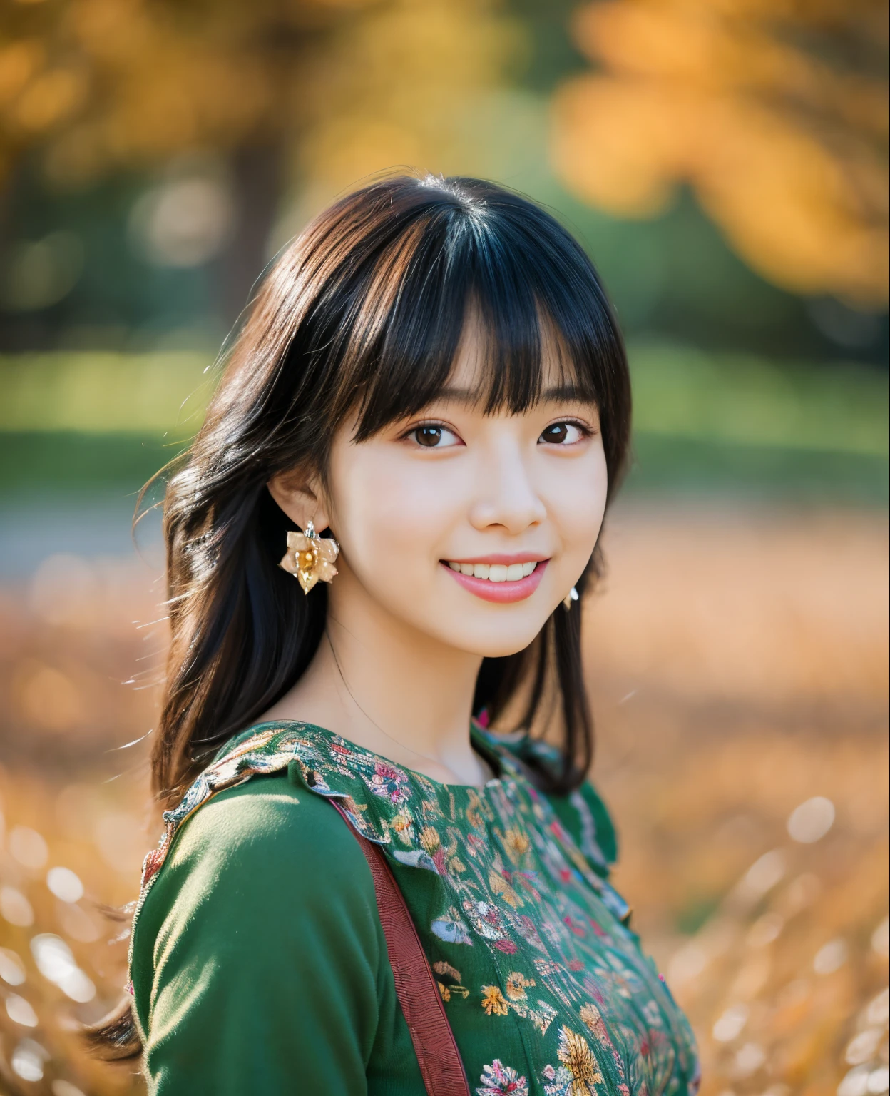 ((Masterpiece)), 8k, Masterpiece, Best Quality, One Girl, Solo, Realistic, Autumn Pavement, Photorealistic, Super Detailed, Detailed Background, (Solo: 1.4), Wearing a Colorful Dress, Happy facial expression, slender body, highly realistic detailed shoulder-length hair, intricate detail, masterpiece, top quality, waist shot, ((colorful flower field background)), smile, ((looking at camera)) , earrings, black hair, asymmetrical bangs, natural breasts, full body shot,