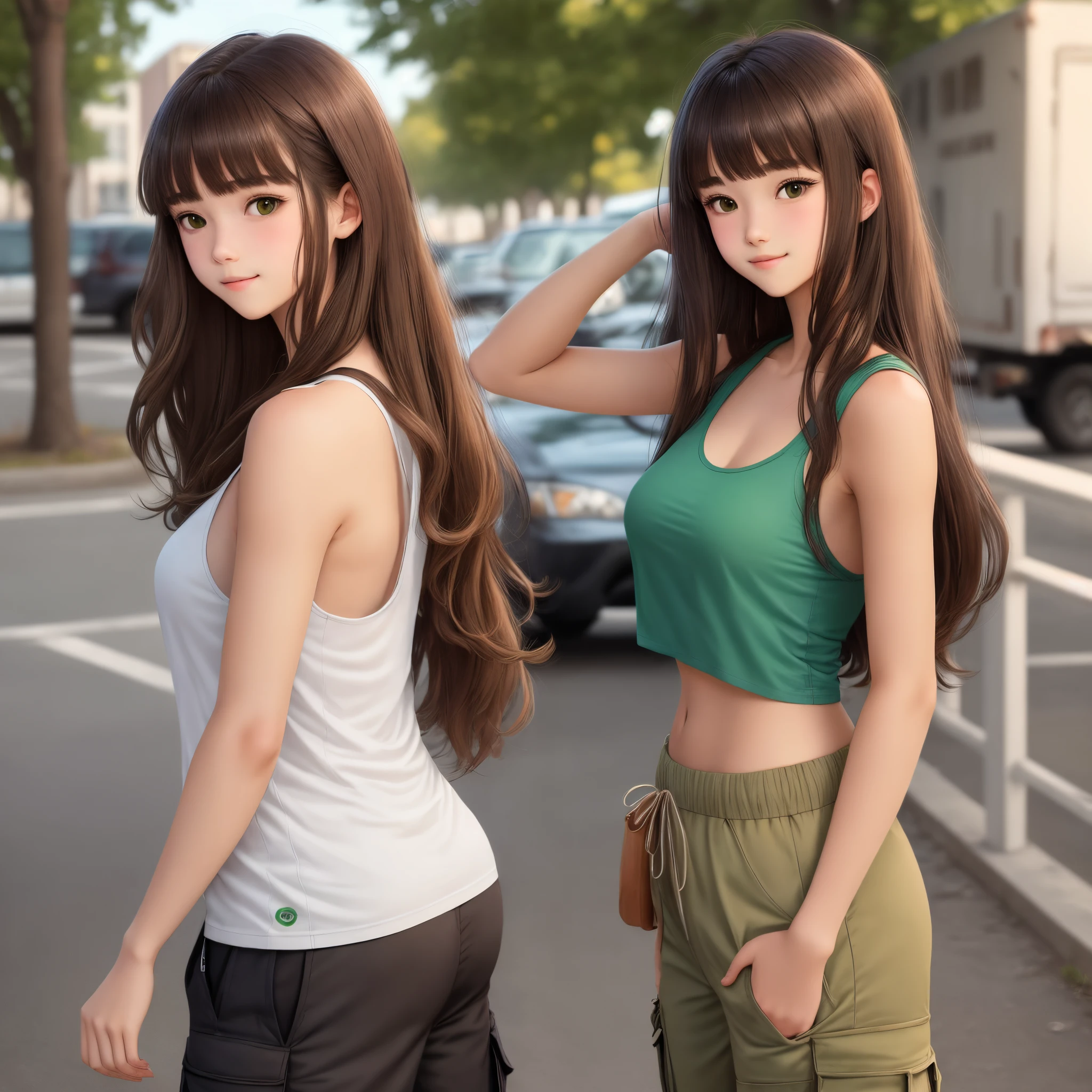 Teen with long brown hair with bangs and tan skin wearing a tank top with a star and green cargo pants
