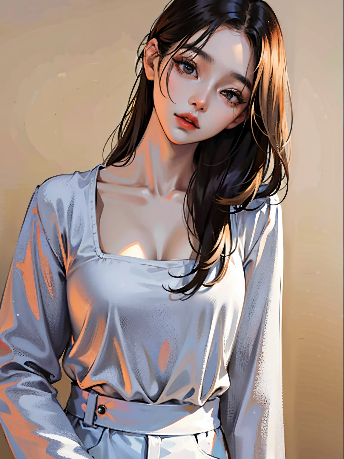 Close-up of a woman wearing gray top and white pants, gorgeous young korean woman, beautiful young korean woman, beautiful Korean women, Korean fashion model, Korean girls, korean woman, V-shaped bust clothes, Sam rice cereal, Beautiful Asian Girls, sakimi chan, Attractive girl, model in Japan, cute women, Lee Ji-eun