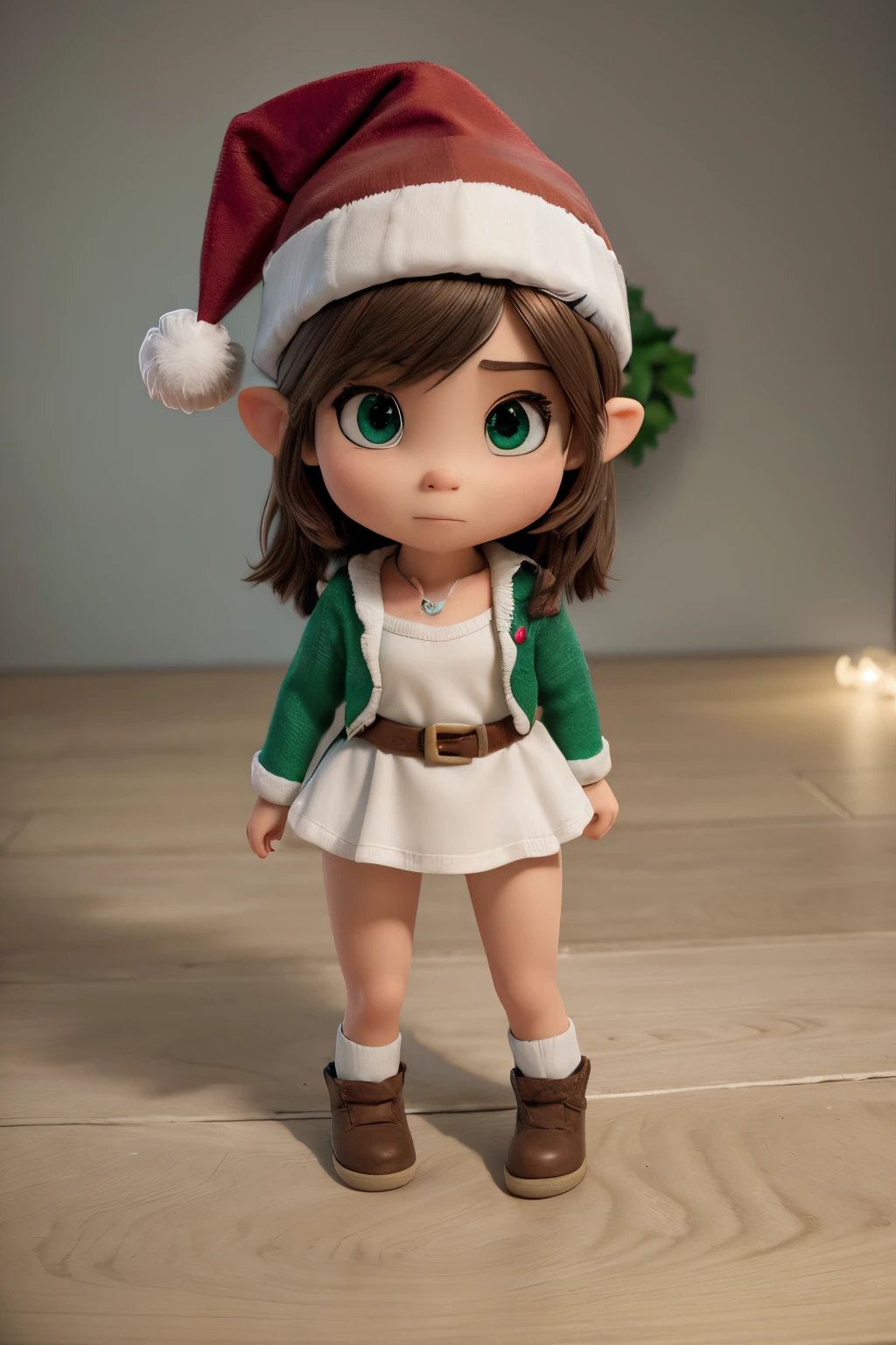 christmas elf in first person, femenino, chibi, estrarealista, super detallado con iluminacion y sombras de estudio, colores fuertes reales, Christmas hat, plantilla para mujer, el fondo completamente blanco, imagen a cuerpo completo estilo chibi en primera persona femenino, plano frontal, angulo frontal